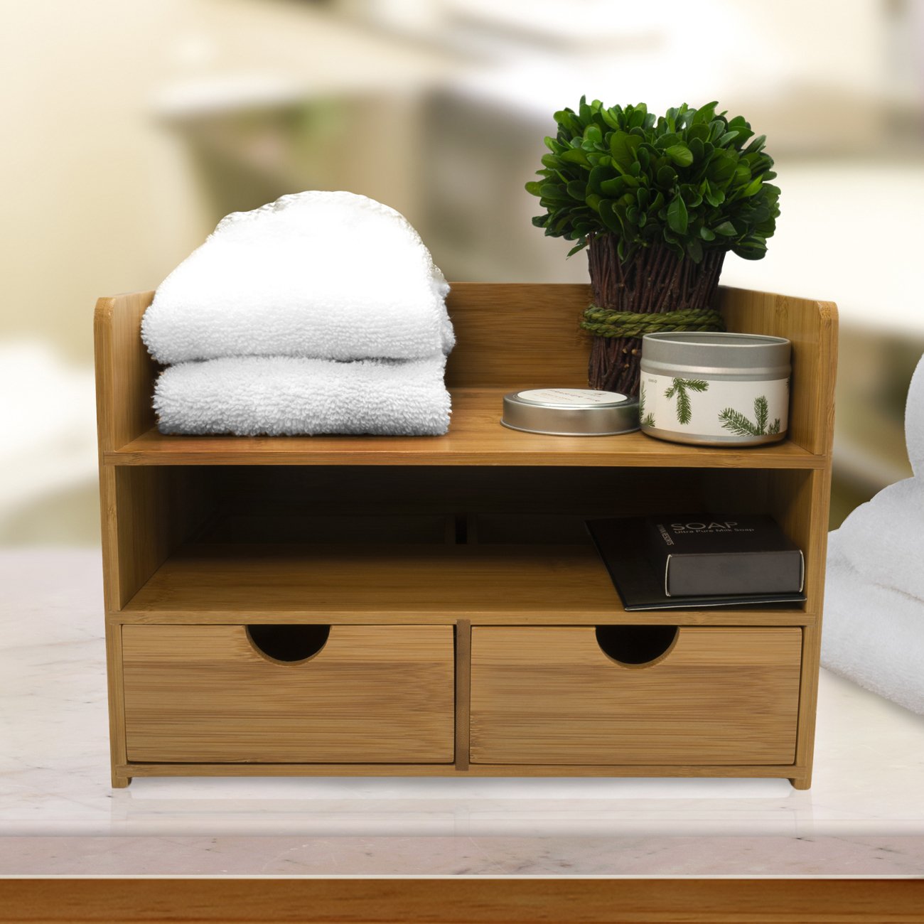 Sorbus 3-Tier Bamboo Desk Organizer with Drawers & Shelf - 100% Natural Bamboo Desktop Storage Box for Office, Makeup Vanity & Countertop Organization - Perfect for Pens, Cosmetics & Small Accessories - Fully Assembled