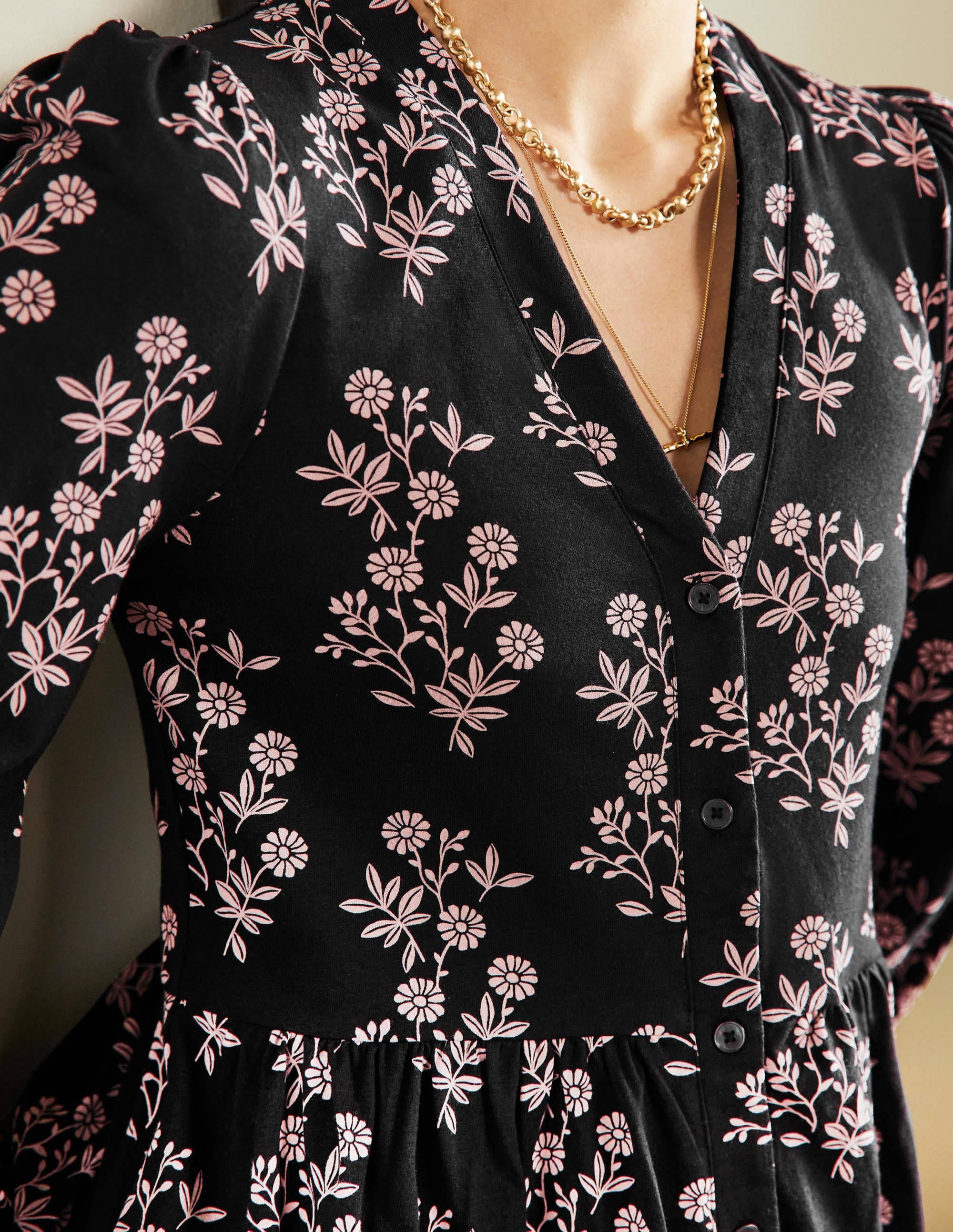 Button Through Jersey Dress Black with Leafy Cluster Print - Women's Casual Summer Dress for Beach, Party & Everyday Wear