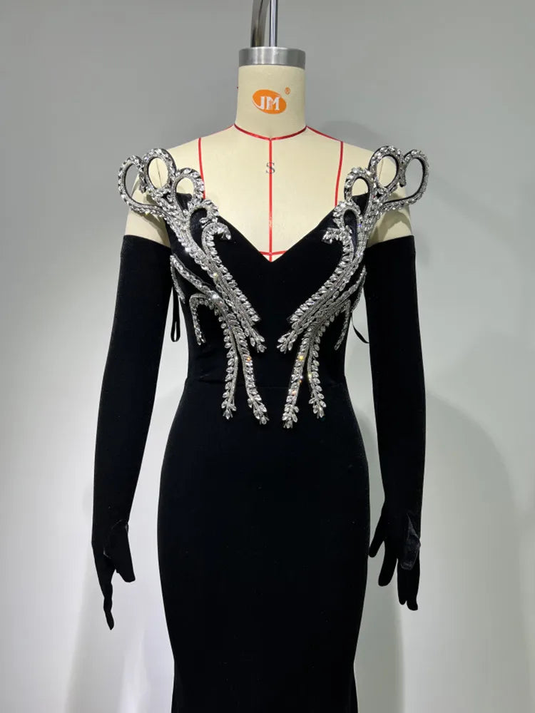 2024 New Women's Long Sleeve Off Shoulder Floor Length Evening Dress with Gloves - Elegant Prom Party Gown for Formal Occasions, Weddings & Special Events