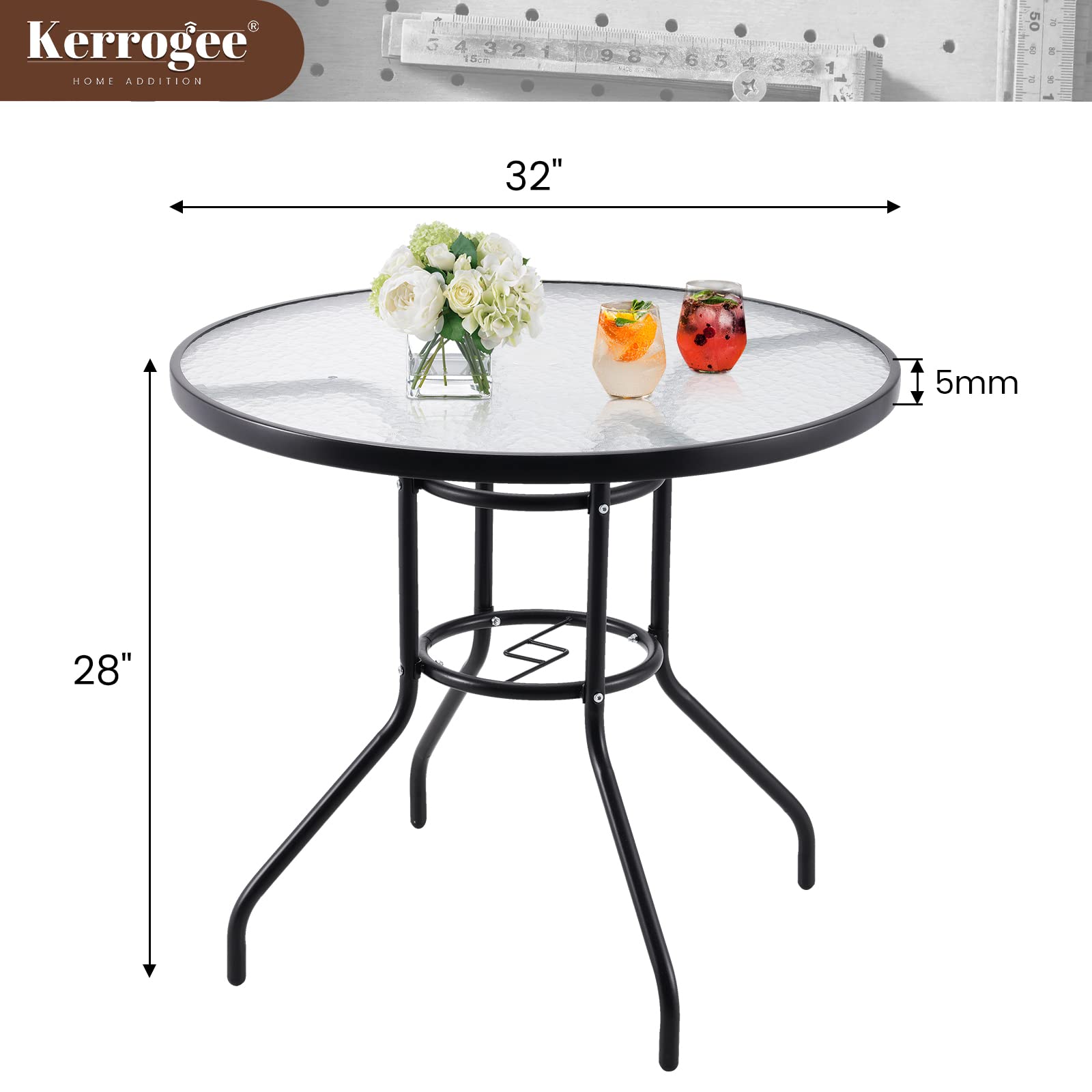 32'' Outdoor Patio Bistro Table with Tempered Glass Top & Umbrella Hole - Steel Frame Garden Furniture for Backyard, Balcony, Lawn - Perfect for Outdoor Dining, Coffee & Party Gatherings
