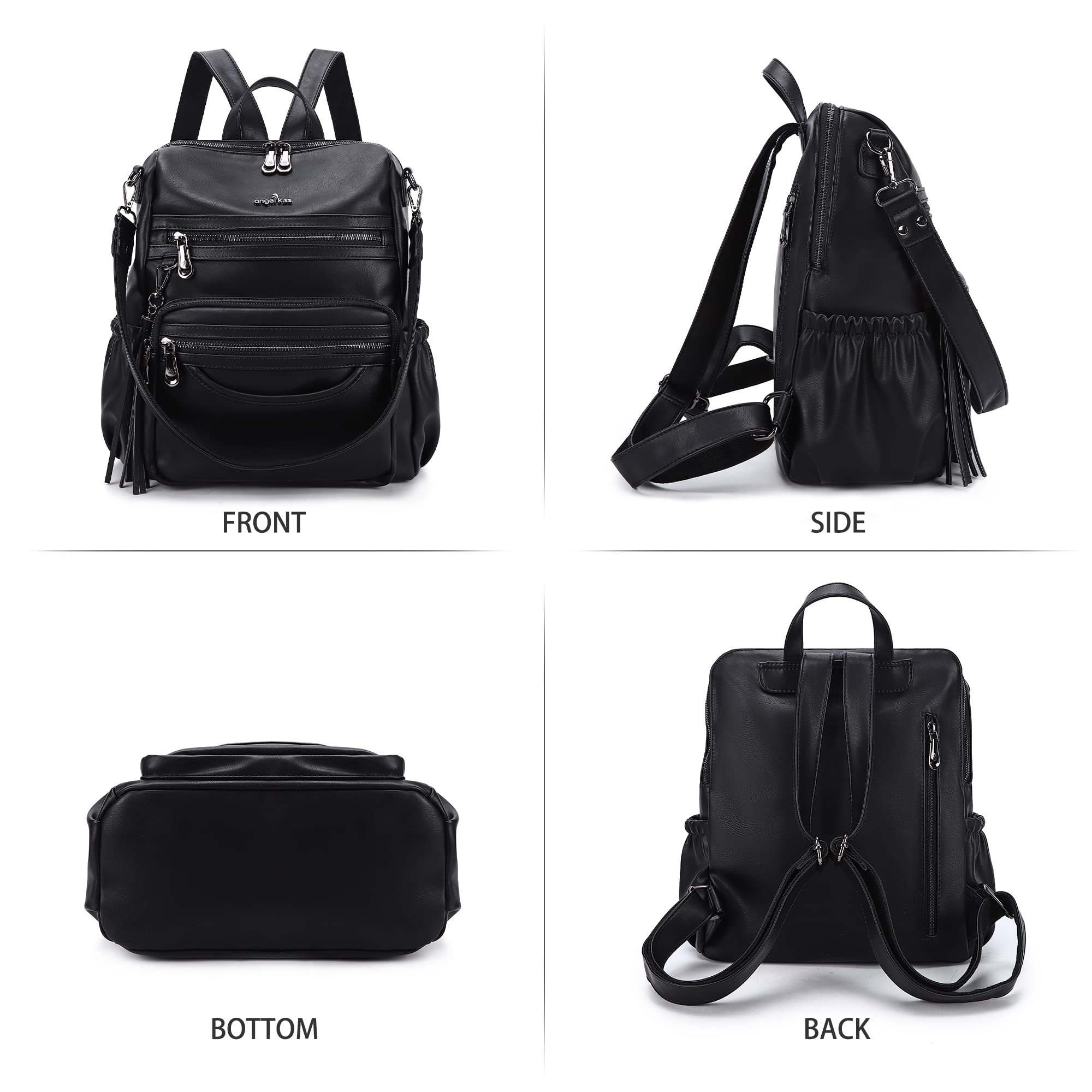 Angel Kiss Women's PU Leather Backpack Purse - Stylish Zipper Casual Backpack & Shoulder Bag for Work, Travel & Daily Use