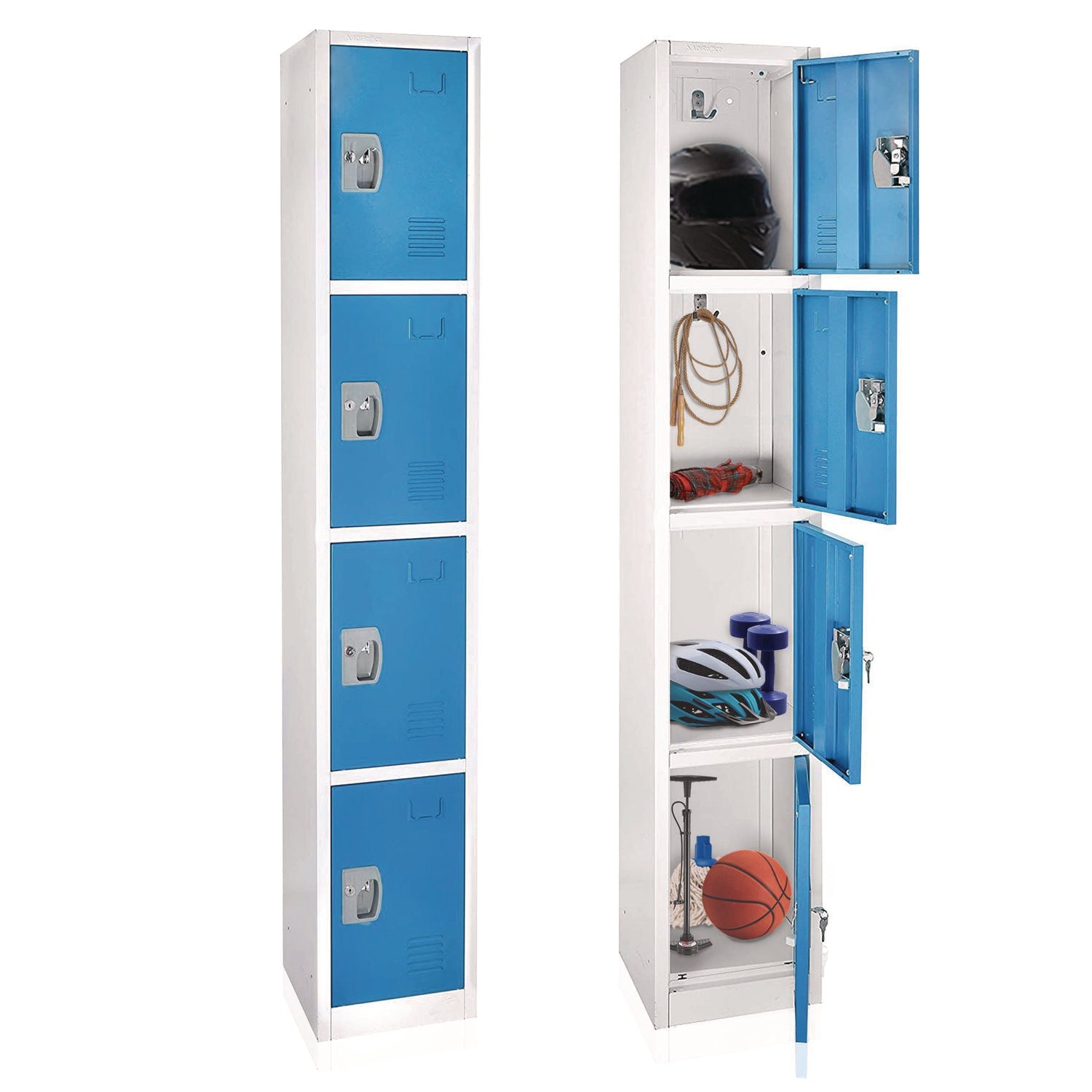 Steel Storage Locker with 4 Compartments - 12 x 12 x 72 Inches, Blue - Heavy-Duty School Gym & Office Organization Locker for Sports Equipment, Books & Supplies
