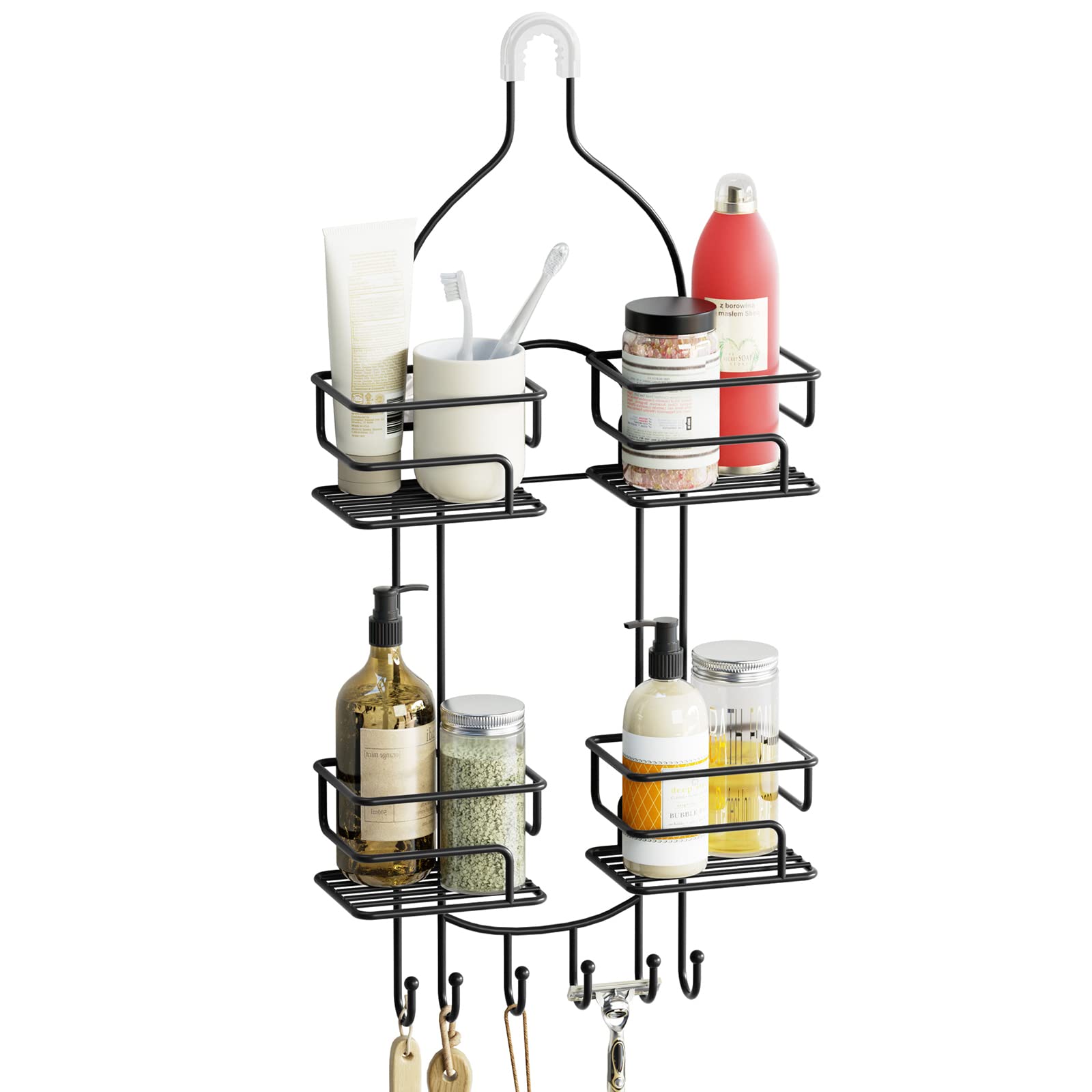 Premium Hanging Shower Caddy Organizer with Hooks - Overhead Bathroom Storage Rack for Razors, Loofahs & Toiletries (Black) - Perfect for Small Bathrooms & Space-Saving Shower Organization