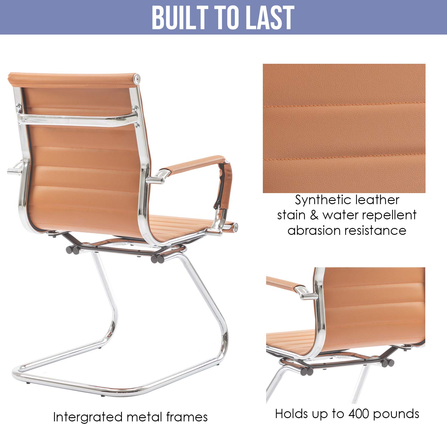 Wahson Office Guest Chairs - No Wheels Leather Reception Chairs, Mid Back Conference Chairs with Sled Base for Waiting Room, Meeting, Lobby or Office - Terracotta (2 Pack) - Perfect for Corporate Offices, Hotel Lobbies, and Professional Waiting Areas