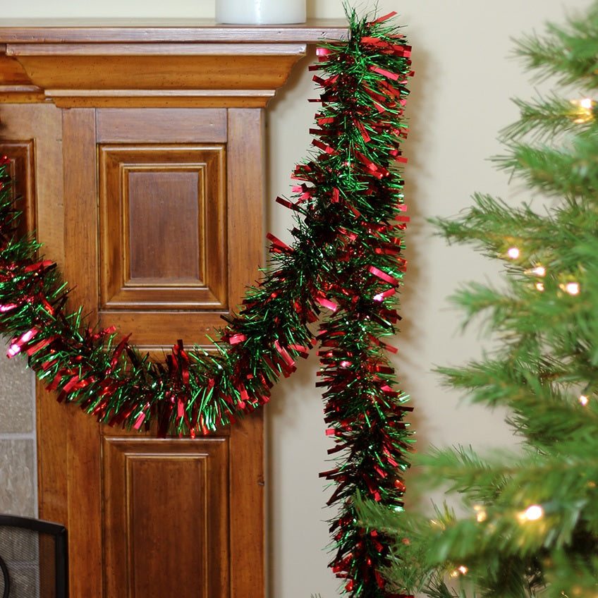 10-Foot Red and Green Mini Mega Wide Tinsel Garland - Perfect for Christmas Tree Decorations, Holiday Parties, and Festive Home Decor