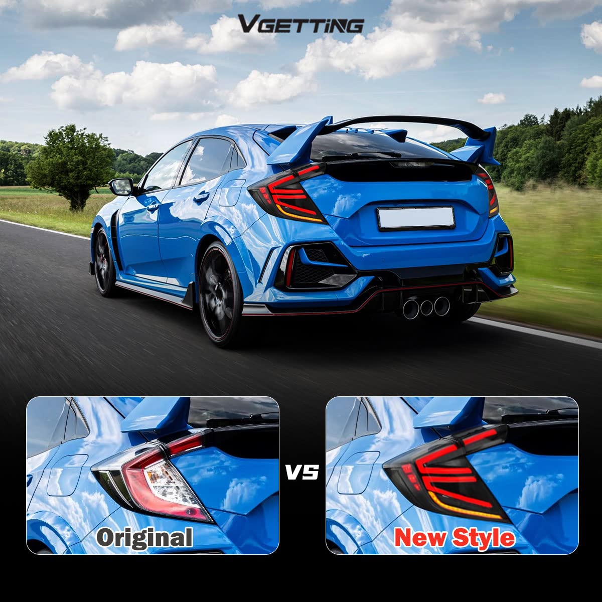 2016-2020 Honda Civic Type R Hatchback LED Tail Lights - Smoked Lens Sequential Turn Signal & DRL Brake Light Assembly - Perfect for Night Driving & Car Customization