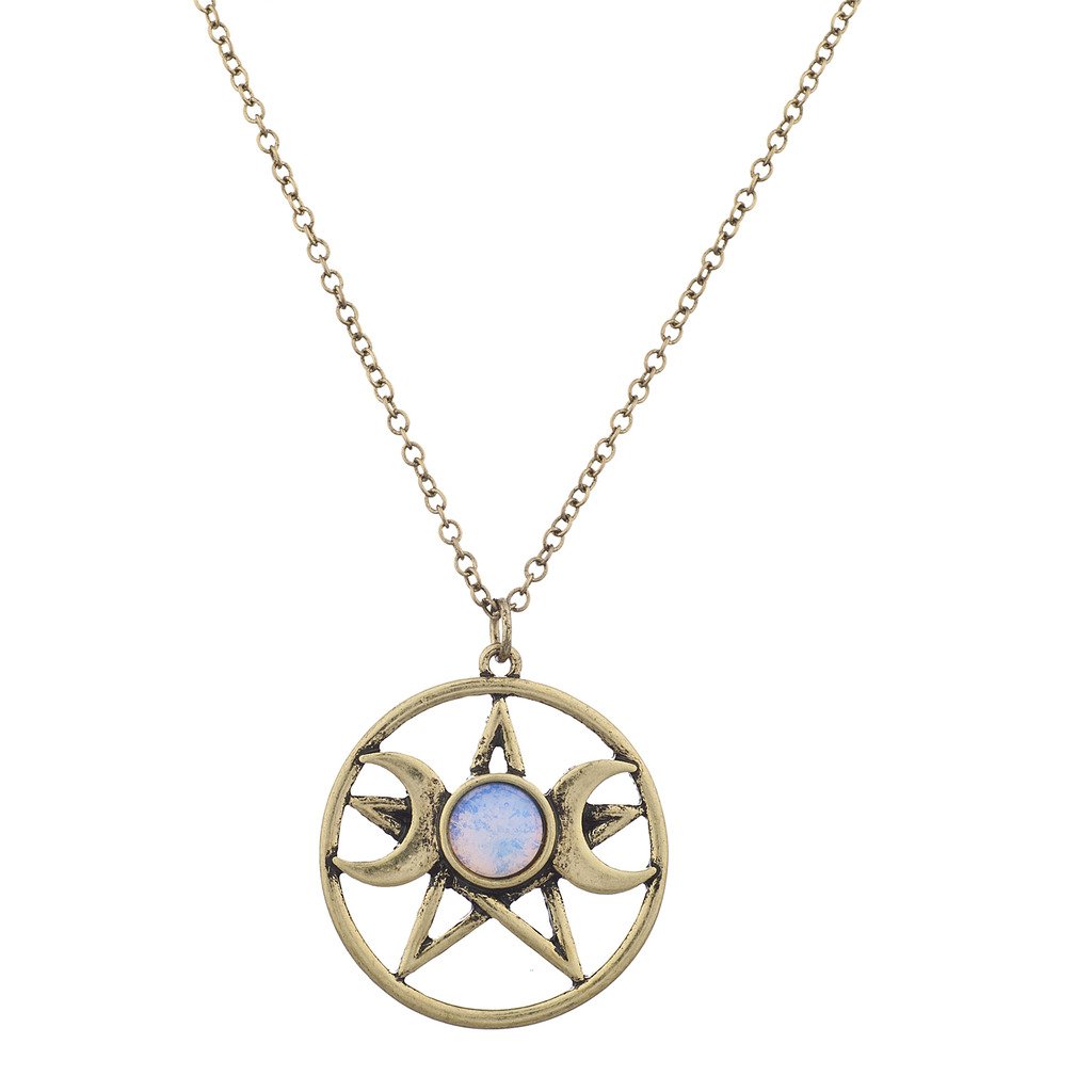 Double Crescent Moon Pentagram Blue Opal Necklace - Witchy Boho Jewelry for Women | Perfect for Wiccan Rituals, Pagan Ceremonies & Gothic Fashion