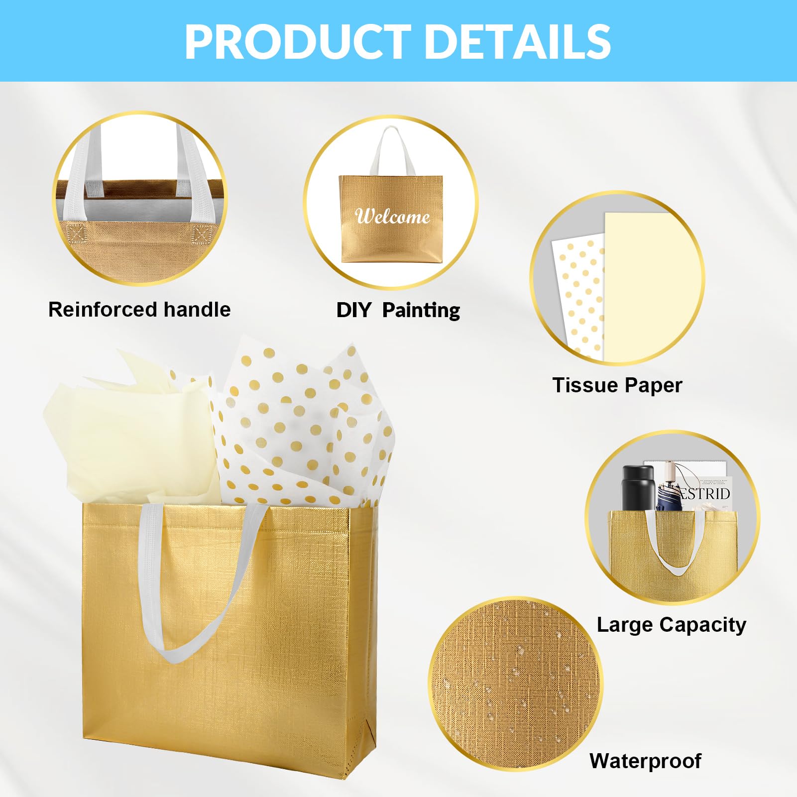 18 Pack Gold Gift Bags with Tissue Paper - Large Reusable Gift Bags with Handles 12.7x4.7x11 inches - Perfect for Wedding, Birthday, Baby Shower & Christmas Presents - Party Favors, Holiday Gifting & Special Occasions