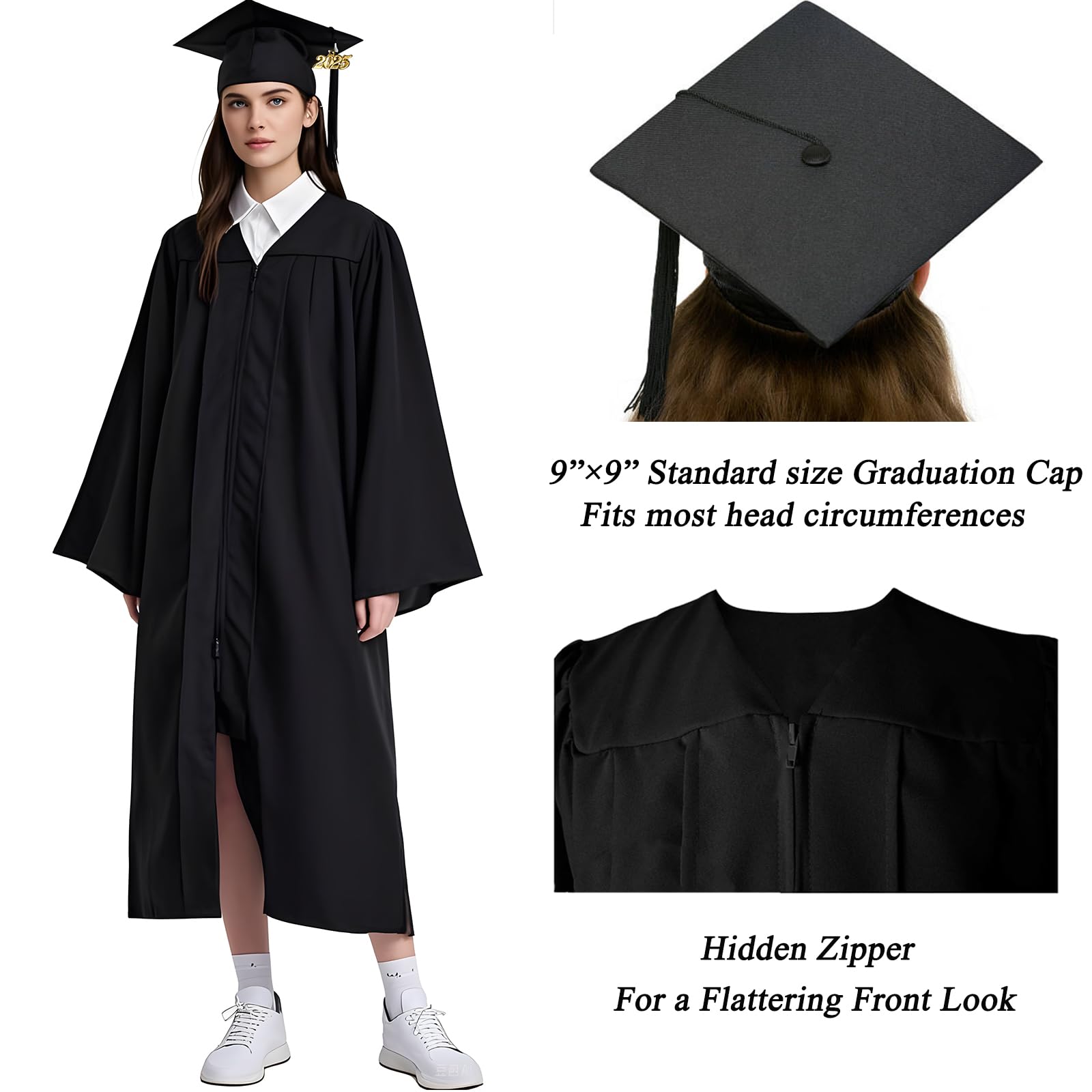 6Pcs Graduation Cap and Gown Set with Matching Tassels - 2024 & 2025 Year Charms - Unisex Matte Finish for High School & University - Perfect for Commencement Ceremonies, Graduation Photos & Celebrations