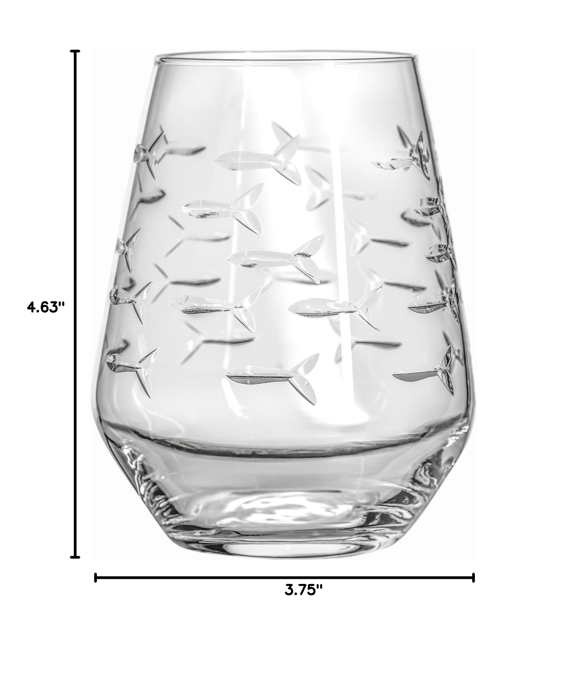 Rolf Glass School of Fish Stemless Wine Tumblers - Set of 4 Lead-Free 18oz Glasses | Hand Engraved & Polished in USA | Perfect for Parties, Gifts & Home Decor