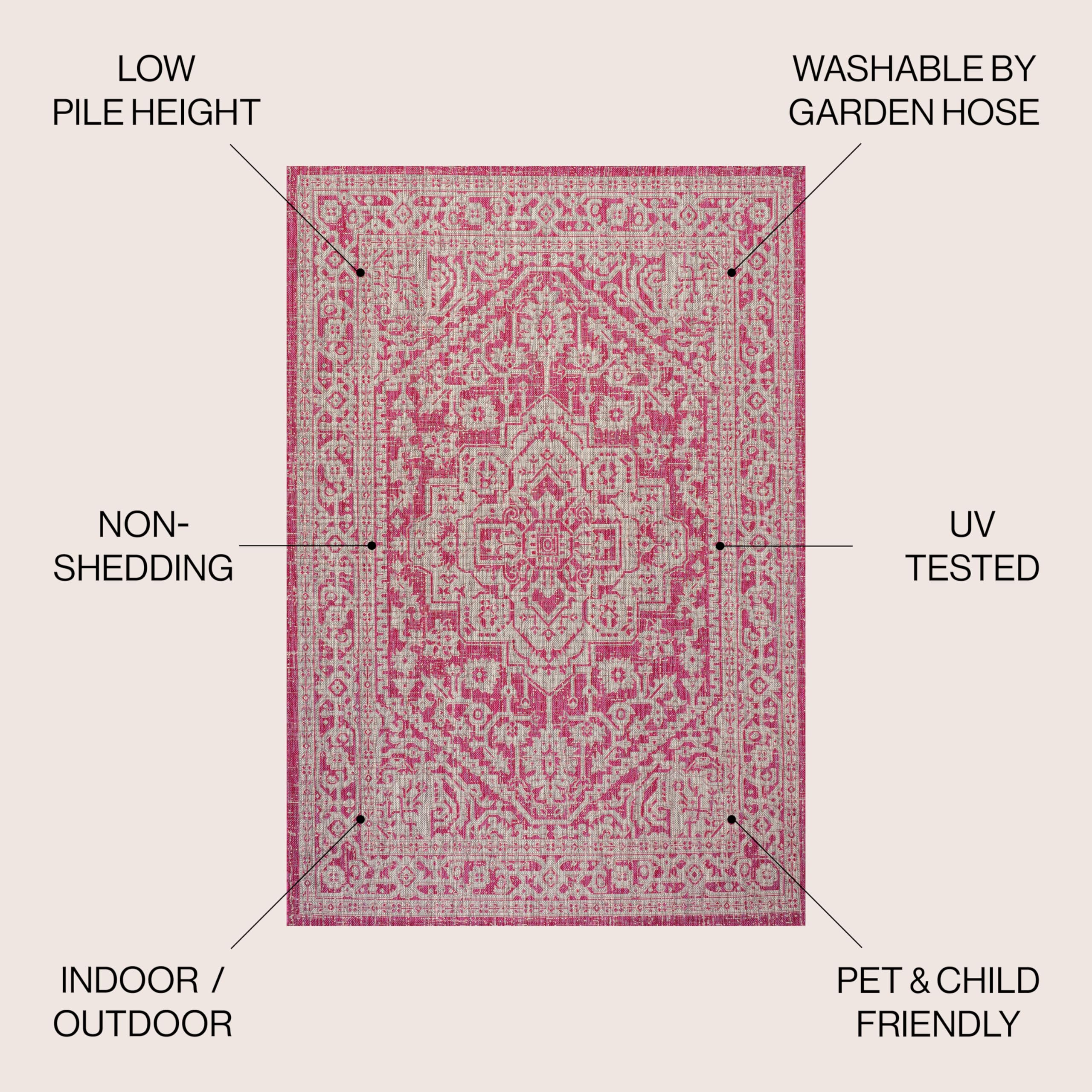 JONATHAN Y SMB101G-9 Sinjuri Medallion Textured Weave Indoor/Outdoor Area Rug - Bohemian Traditional Transitional Design, Easy-Cleaning Non-Shedding 9x12 Feet, Fuchsia & Light Gray - Perfect for Bedroom, Kitchen, Backyard, Patio & Living Room Decor