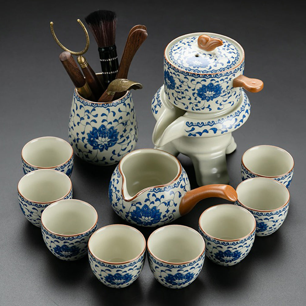 Exquisite Blue and White Porcelain Automatic Tea Set - Traditional Chinese Ceramic Tea Maker with Electric Heating for Home, Office, or Gift Giving