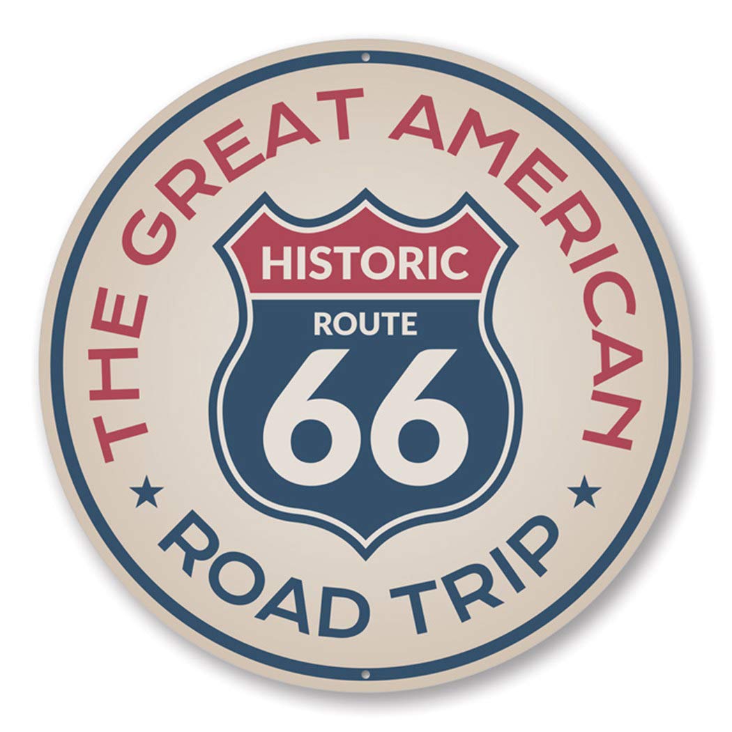 Vintage Route 66 Metal Sign - 18 Inch Round Retro American Road Trip Wall Decor - Perfect for Garage, Man Cave & Roadside Diner Themed Rooms