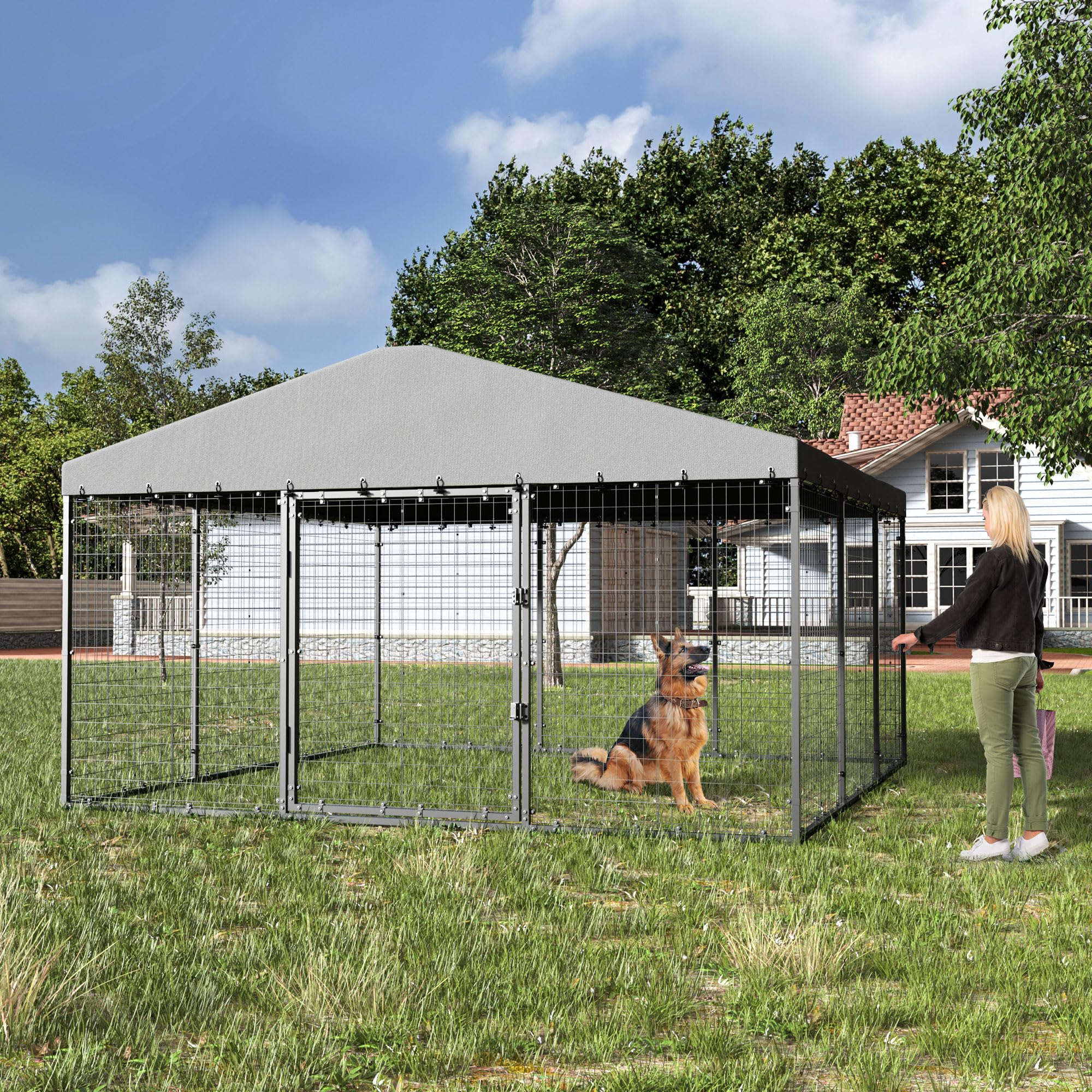 Kullavik Heavy Duty Large Outdoor Dog Kennel - Galvanized Steel Dog Cage with Roof & Double Safety Locks - Durable Pet Fence for Backyard, Kennel, or Travel - Perfect for Large Breed Dogs