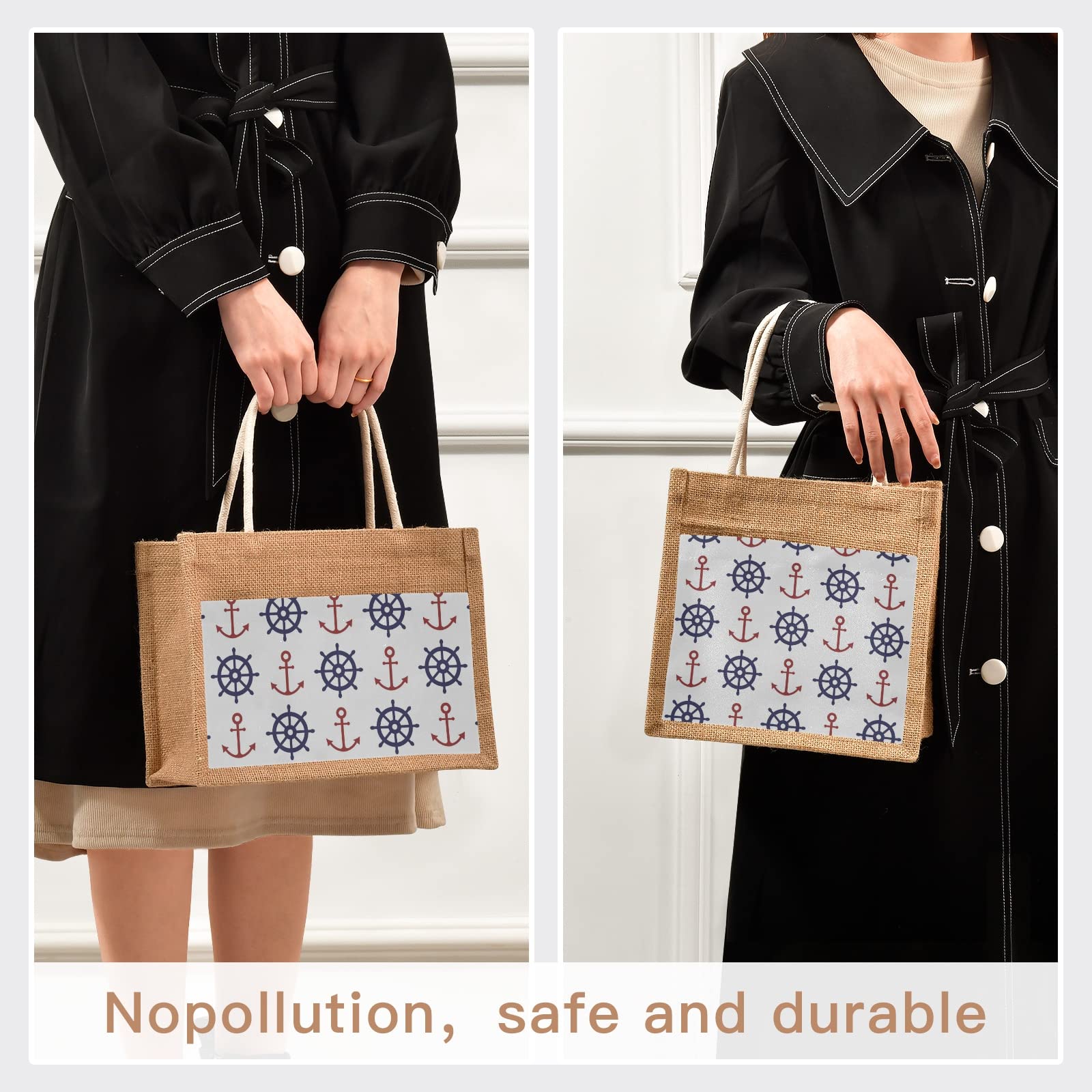 Stylish Sinestour Nautical Jute Tote Bag with Pockets - Eco-Friendly Reusable Grocery & Beach Tote for Women - Perfect for Shopping, Farmers Market & Summer Outings