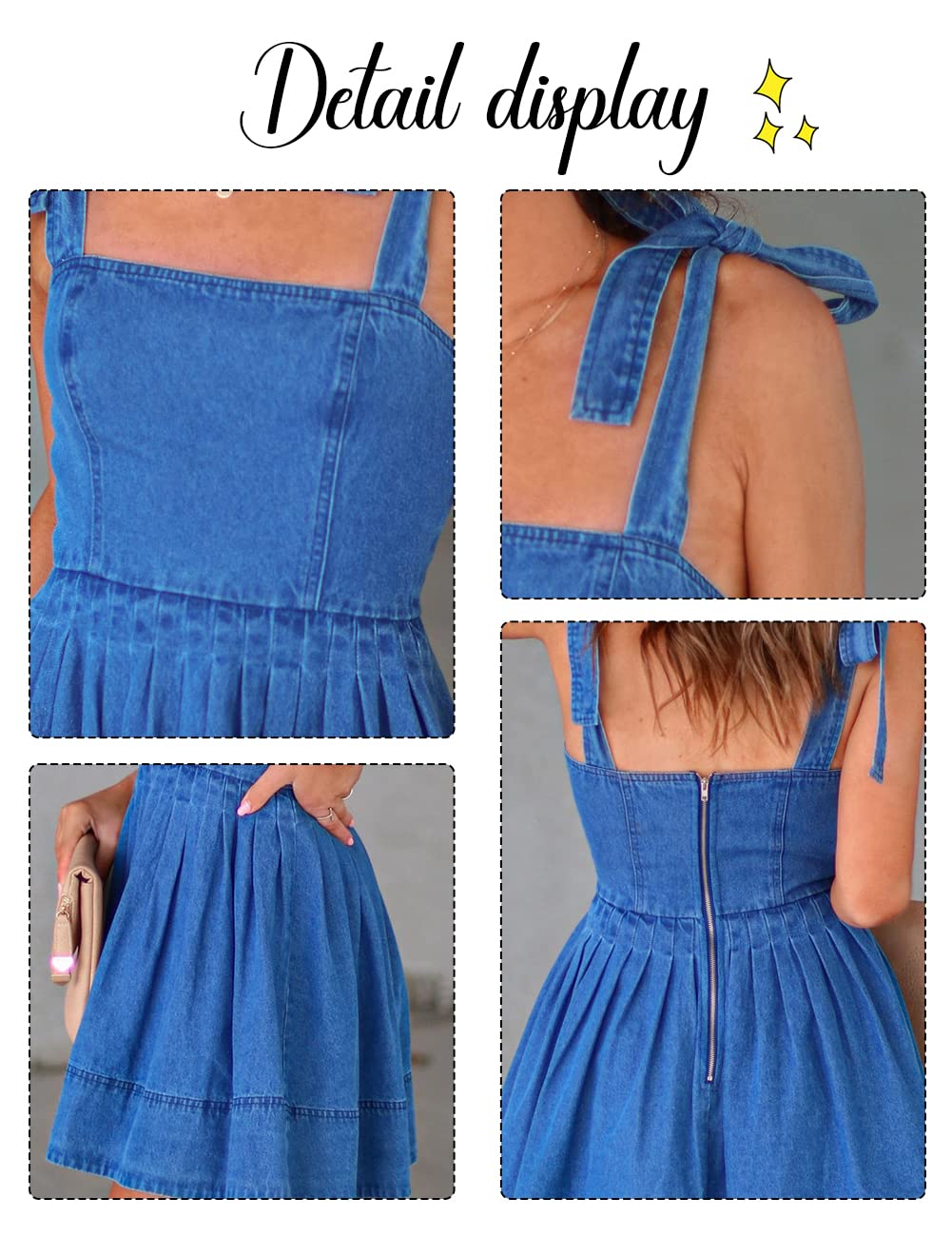 ALSOGO Women's Sleeveless Denim Dress - Tie Shoulder Slim Fit High Waist Mini Dress for Summer Casual Outfits, Beach Wear & Date Night | Blue Denim Short Dress for Women