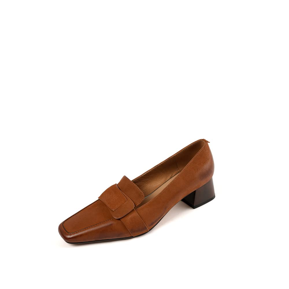 Genuine Leather Women's Square Toe Loafers - Handmade Retro Chunky Heel Slip-On Shoes for Work, Office & Casual Outfits