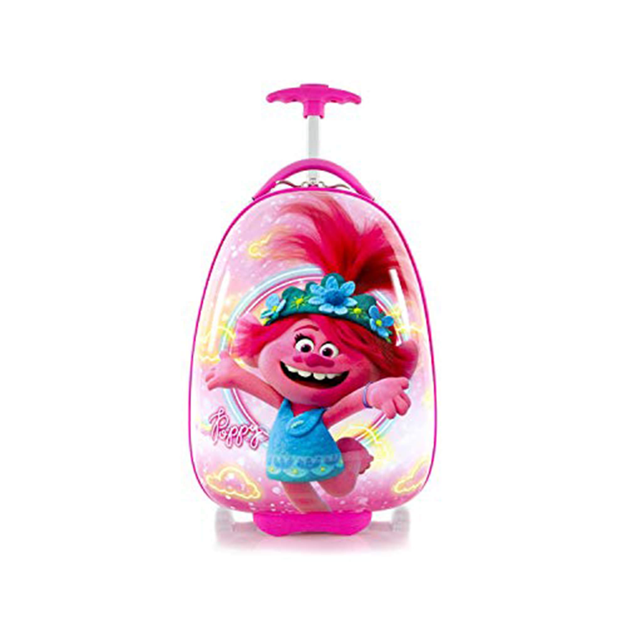 Trolls Kids Hardside Luggage - 18 Inch Egg Shaped Carry-On Suitcase with Wheels, Pink Travel Trolley for Girls & Boys - Perfect for Airplane Trips, School Travel & Vacation