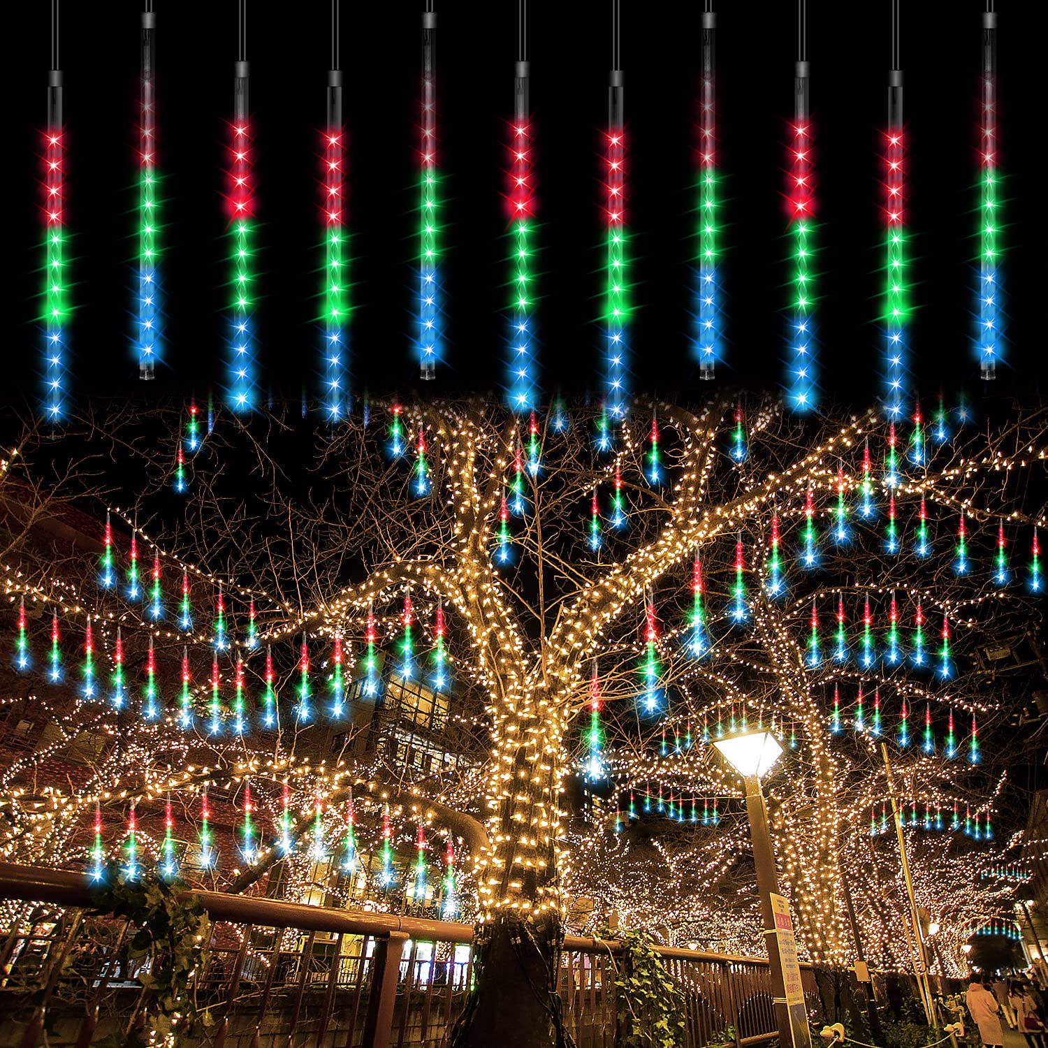 Aluan 12-inch 20 Tube 480 LED Waterproof Meteor Shower Lights - Outdoor Christmas & Halloween Decor with UL Plug (Multicolor) - Perfect for Holiday Parties, Garden, Yard, and Home Decoration