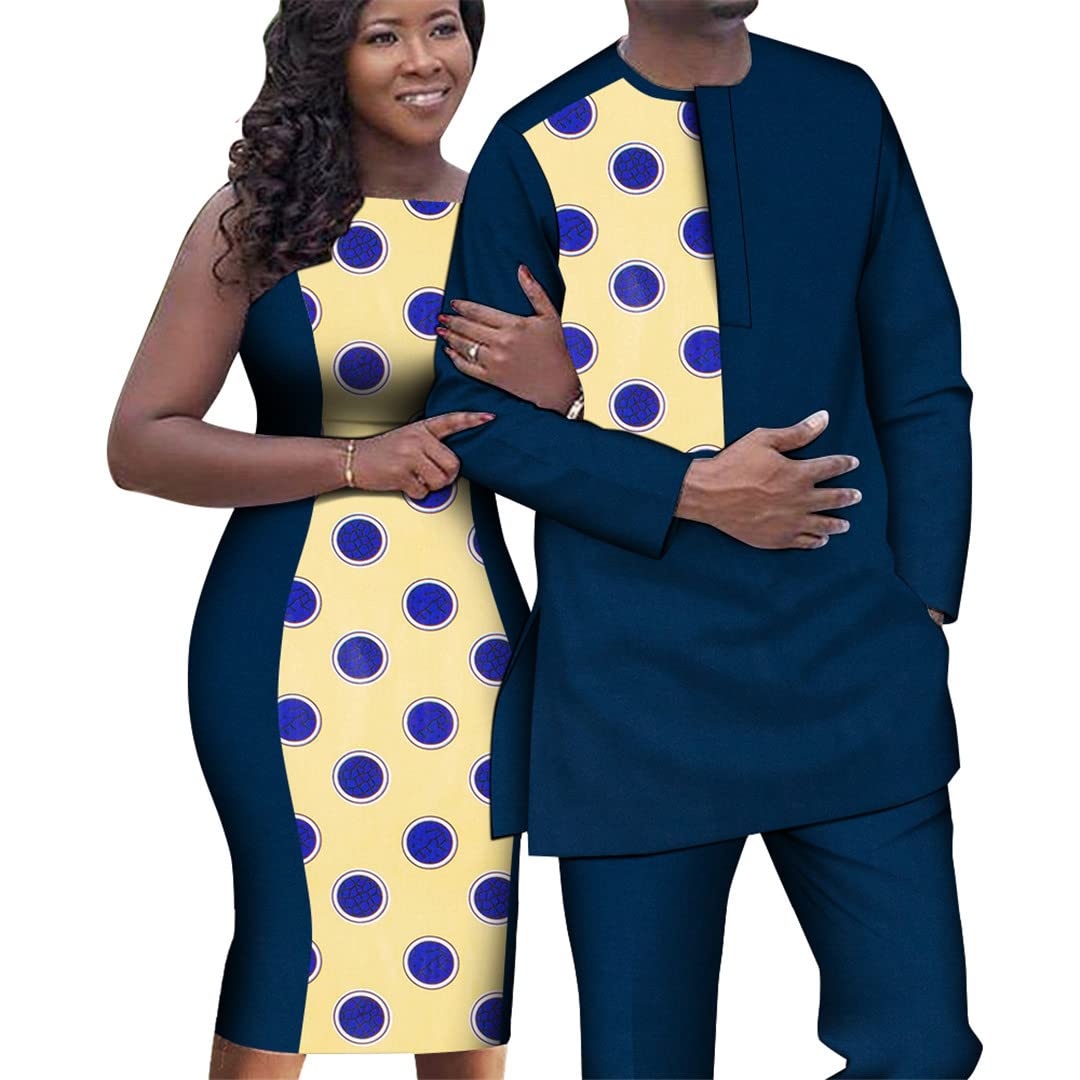 African Couple Outfits - Women's Sleeveless Slim Fit Dress & Men's Dashiki Shirt & Pants Set (1 Month Anniversary Gift) - Perfect for Weddings, Cultural Events & Matching Couple Outfits