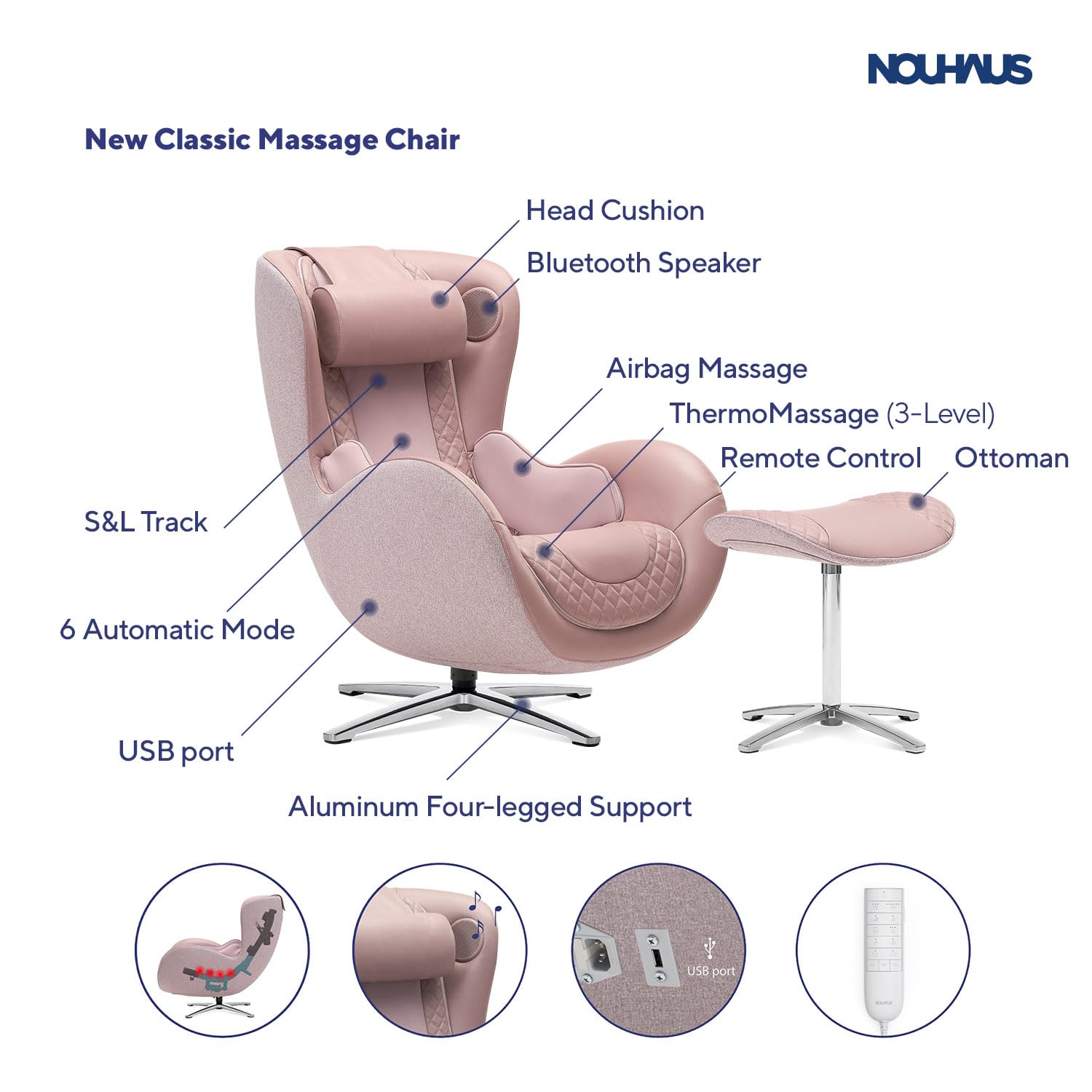 Nouhaus Classic Massage Chair with Ottoman – Pink Leather Recliner with Percussive Shiatsu Massage, Built-in Bluetooth Speaker & Full Body Spot Massage – Ultimate Comfort for Home, Office & Spa Relaxation