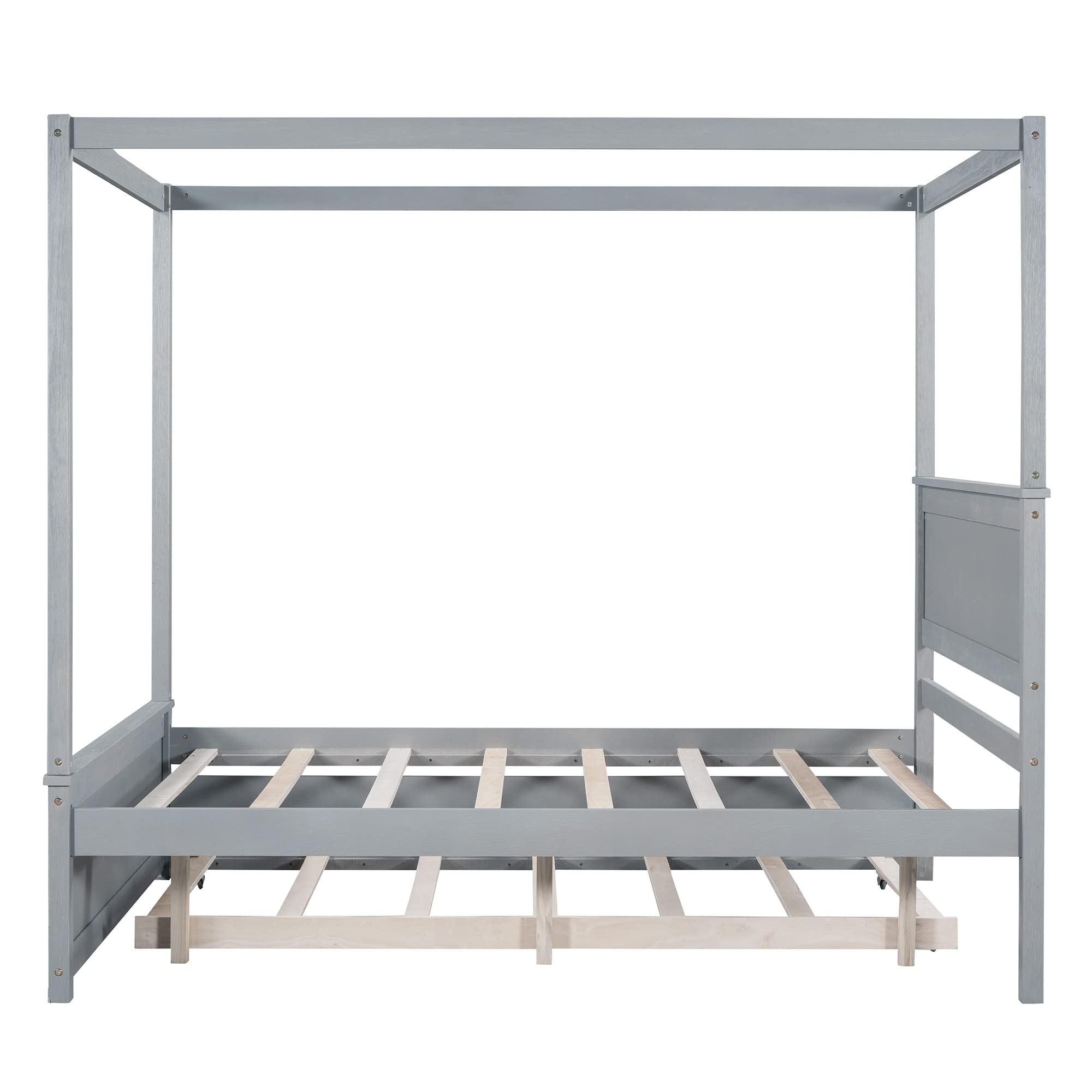 Harper & Bright Designs Full Size Canopy Platform Bed with Trundle - Solid Wood Bed Frame with 2 Nightstands, Noise Free No Box Spring Needed, Gray - Perfect for Small Bedrooms, Guest Rooms & Space-Saving Solutions