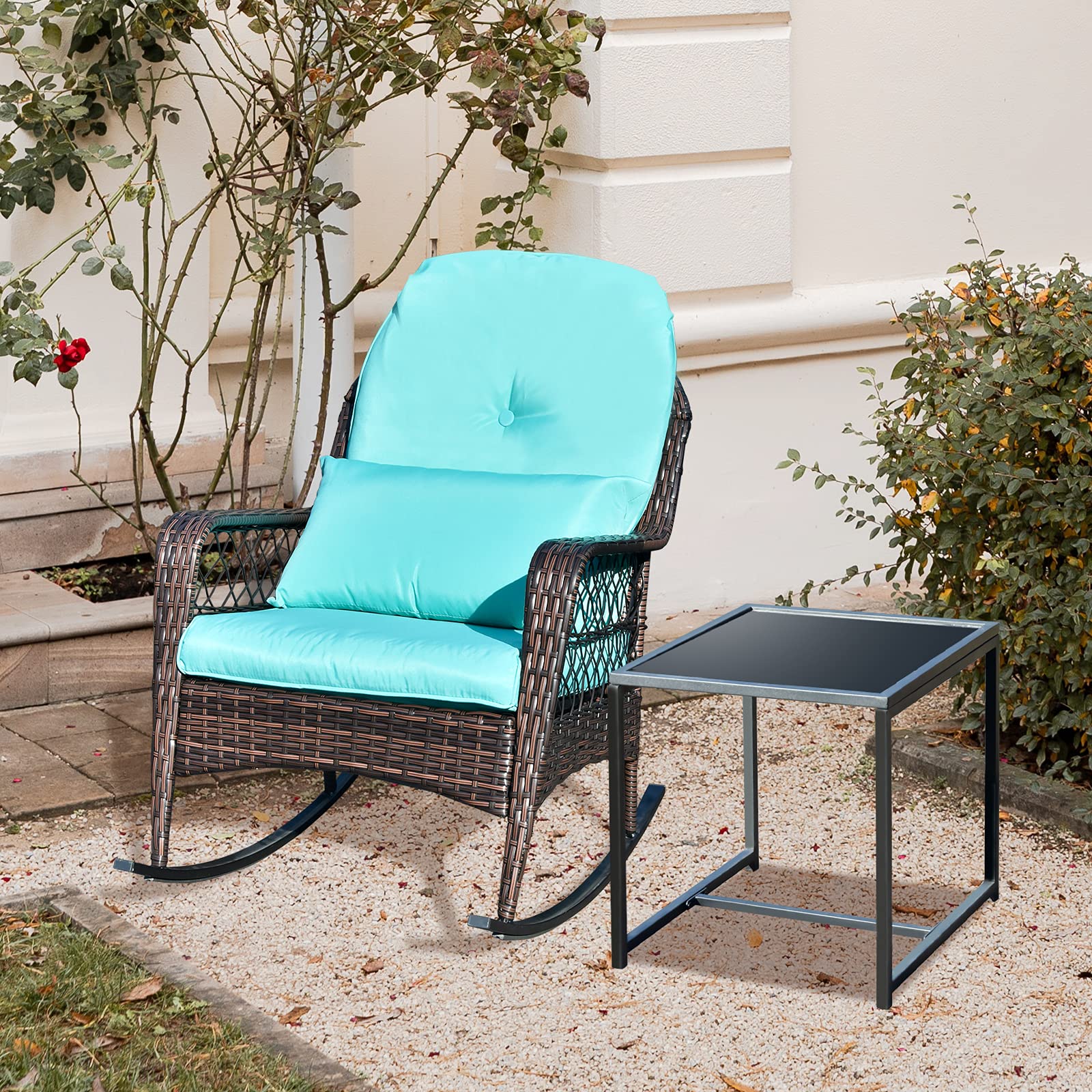 Apepro All-Weather Wicker Outdoor Rocking Chair Set with Coffee Table & Cushions - Turquoise Teal Patio Rocker for Porch, Garden, Backyard - Perfect for Relaxing, Sunbathing & Outdoor Entertaining