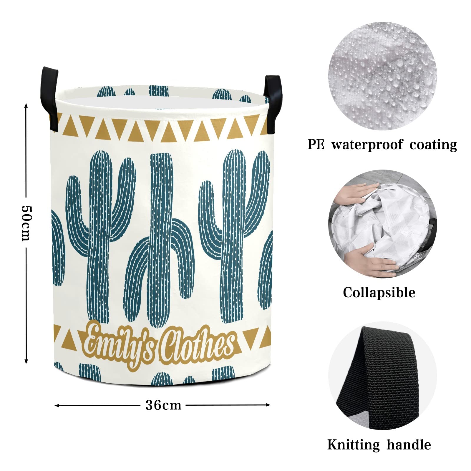 Custom Cactus Stripes Laundry Hamper - Waterproof Collapsible Drawstring Storage Basket with Handle (50cm x 36cm) for Clothes, Toys, and Home Organization | Perfect for Bedroom, Nursery, and Laundry Room