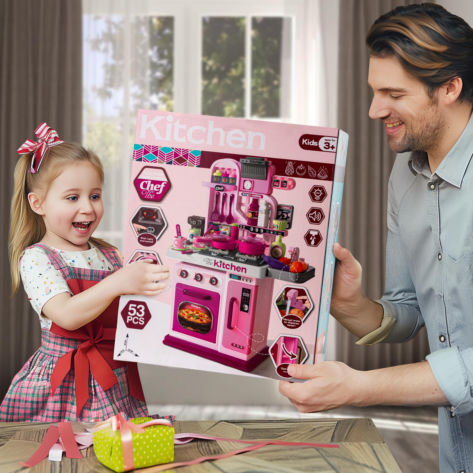 **53-Piece Kids Kitchen Playset with Stove, Sink & Oven - Realistic Lights & Sounds, Pretend Play Toys for Toddlers Ages 1-3 (Pink) - Perfect for Imaginative Role-Playing & Early Learning**