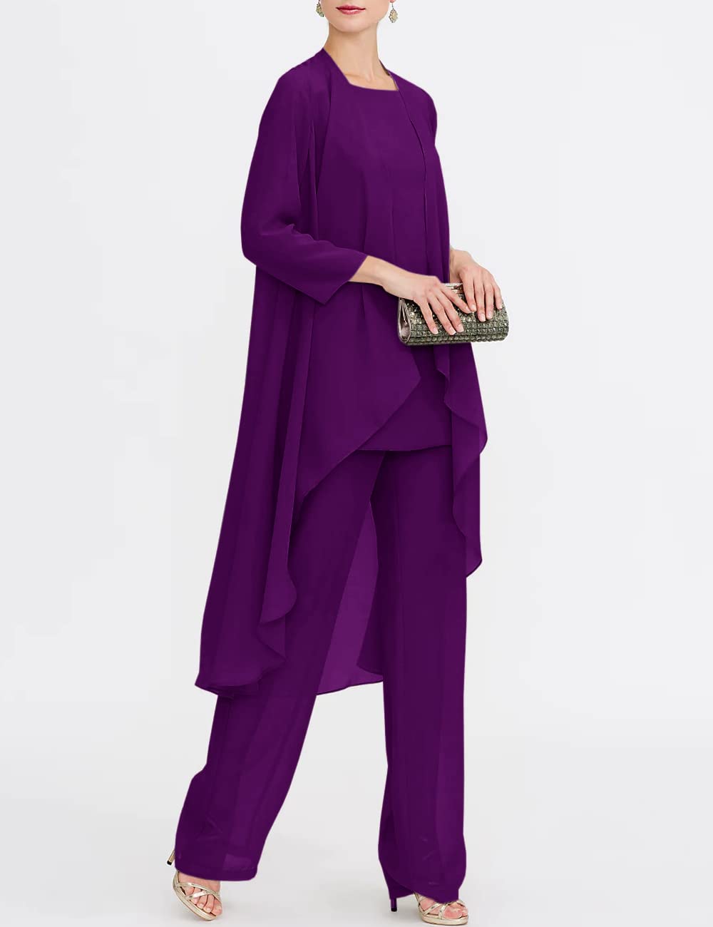 Elegant Chiffon Mother of The Bride Pant Suits 3-Piece Set - Formal Wedding Outfit & Evening Gown for Women - Perfect for Weddings, Receptions & Special Occasions