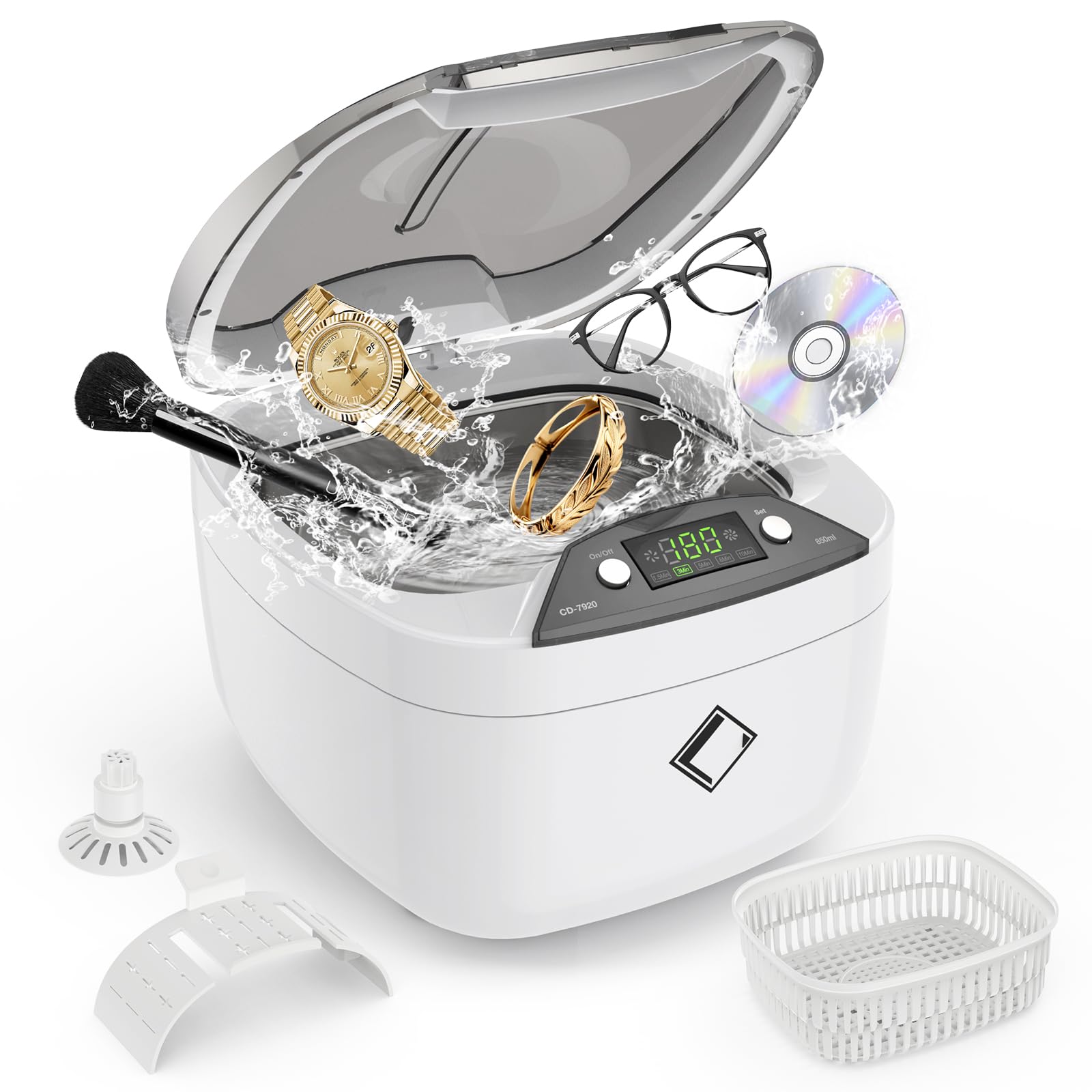 LifeBasis Ultrasonic Jewelry Cleaner Machine - 850ml (28oz) LCD Digital Timer for Jewelry, Watches, Glasses, CDs, Makeup Brushes | Home & Professional Cleaning Solution for Jewelry Stores, Spas, and Personal Use