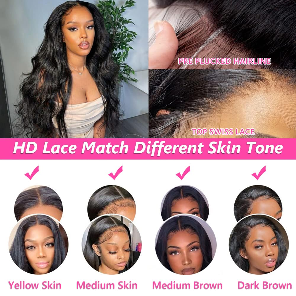20 Inch Brazilian Human Hair Lace Front Wig - Body Wave 13x6 HD Lace Frontal with Pre-Plucked Hairline & Bleached Knots - 180% Density Natural Black Women Wig for Daily Wear & Special Occasions