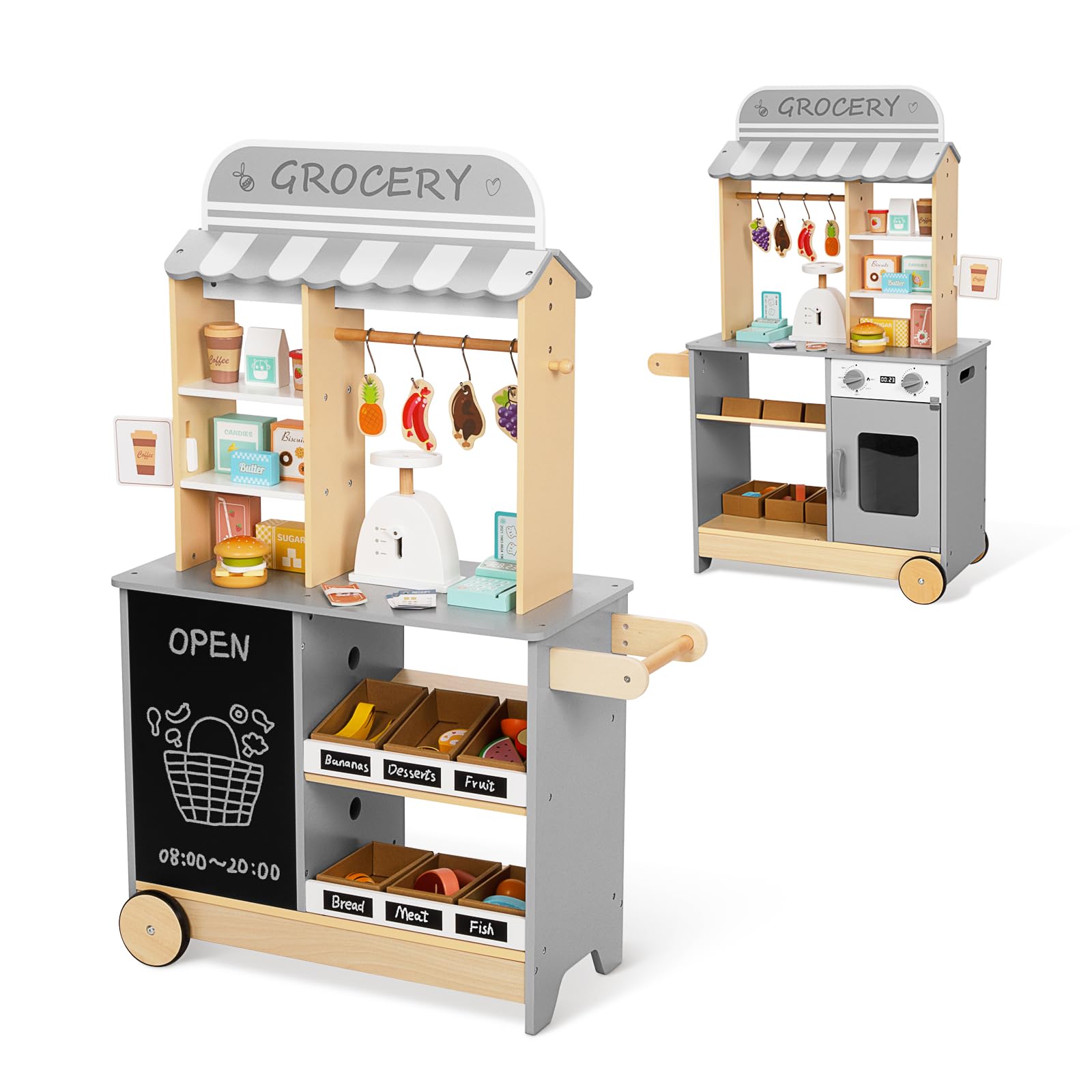 All-in-One Kids Grocery Store Pretend Play Set with Chalkboard, Reversible Design, Oven, Scale, Rolling Wheels & Cash Register - Educational Toy for Ages 3+ - Perfect for Role Play, Preschool Learning & Family Fun Time