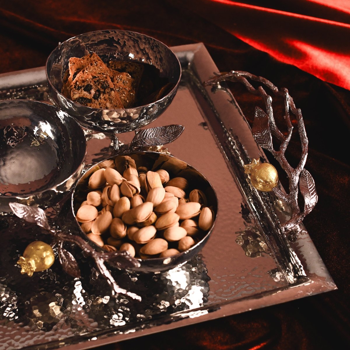 Premium Pomegranate Silver & Gold Triple Bowl Set - Elegant Fruit Serving Bowl for Parties, Weddings & Home Decor