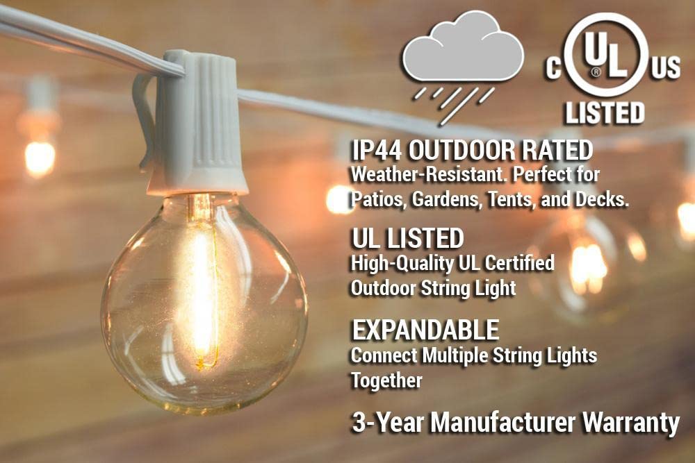 12 FT Shatterproof LED Outdoor String Lights - 10 Socket E12 C7 Base, White Cord, G40-1.6 Inch Bulbs (1 Watt) - Weatherproof Patio Lights for Garden, Backyard, Wedding & Party Decor by PaperLanternStore.com