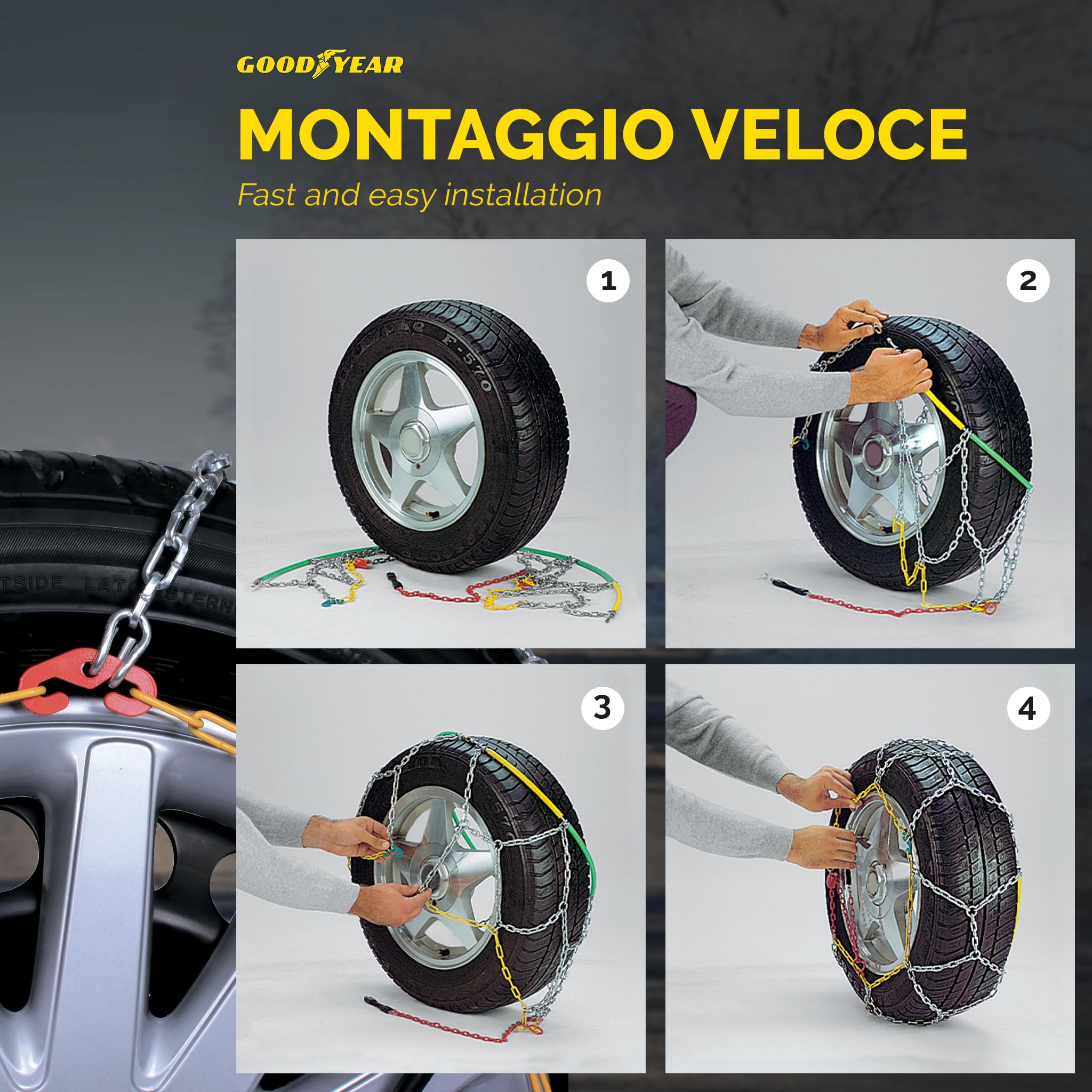 Goodyear 77937 12mm Snow Chains for Passenger Cars, SUVs, Vans, Motorhomes & 4x4 - TUV & ONORM Approved (Size 250) - Winter Traction for Snowy Roads & Mountain Driving