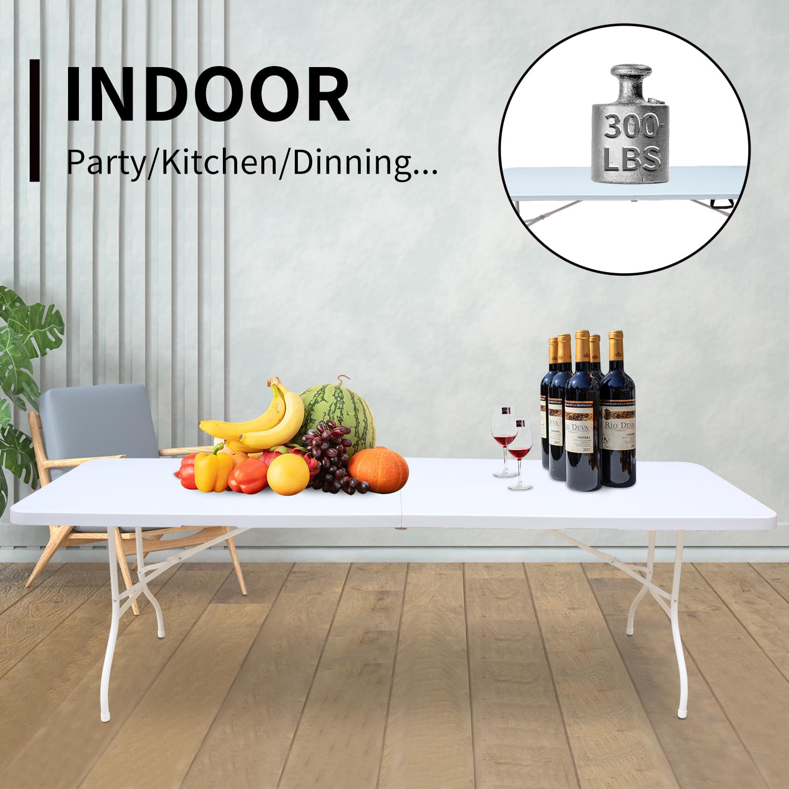 8ft Portable Folding Plastic Dining Table - White Half-Fold Design for Parties, Picnics, Camping, Beach & Indoor/Outdoor Use | Perfect for Entertaining, BBQs, Tailgating & More