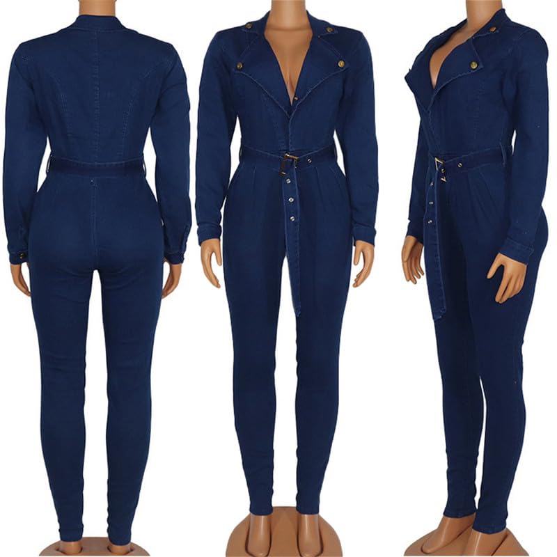 Andongnywell Women's Sexy Slim Fit Denim Jumpsuit with Long Sleeves & Pockets - Casual Outfit for Date Night, Party & Streetwear Fashion