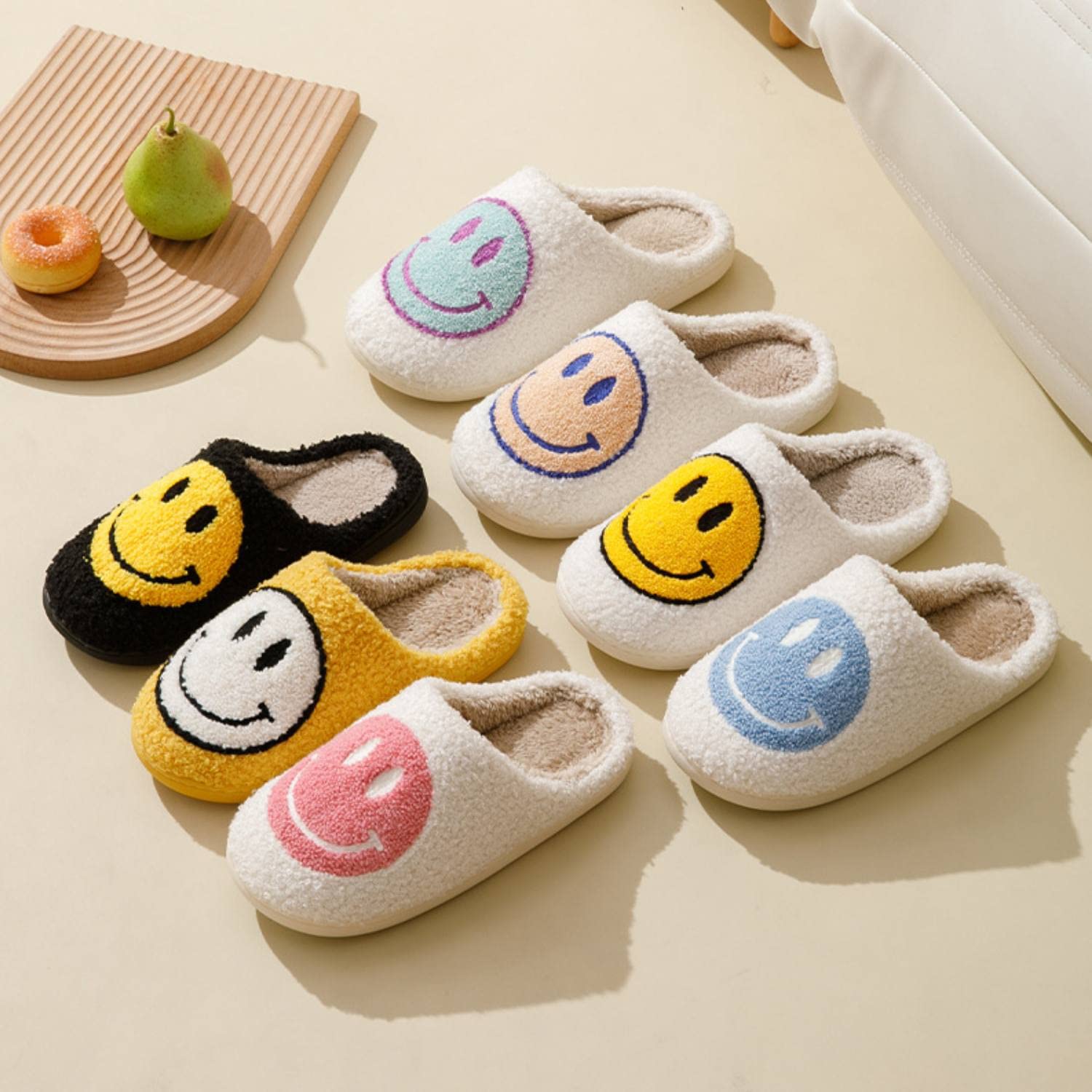 Smiley Face Slippers for Women - Soft Fluffy Indoor/Outdoor Slides with Cushion Comfort - Retro Happy Face House Slippers for Cozy Home, Lounge & Outdoor Wear