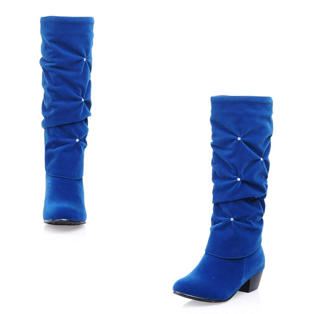 MIOKE Women's Rhinestone Round Toe Suede Riding Boots - Mid Calf Slouch Dress Boots with Low Heel for Comfort & Style | Perfect for Casual Outfits, Office Wear & Winter Fashion