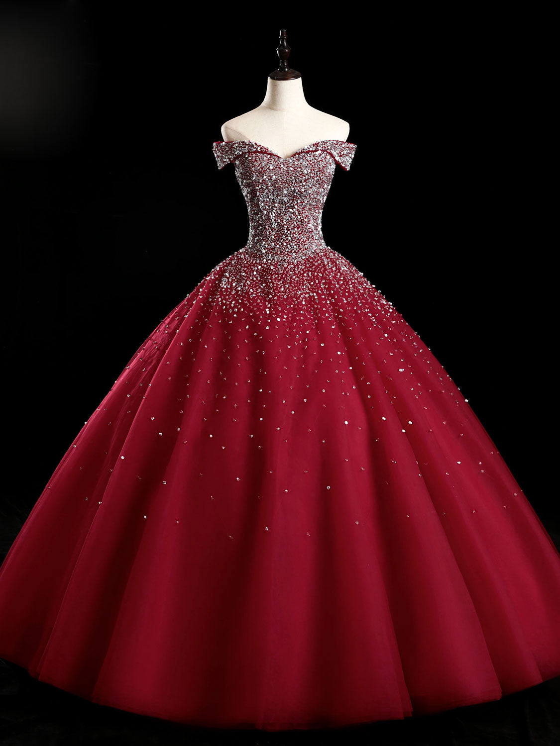 Elegant Burgundy Off Shoulder Tulle Sequin Long Prom Dress for Sweet 16, Homecoming, and Formal Events - Perfect for Dances, Parties, and Special Occasions
