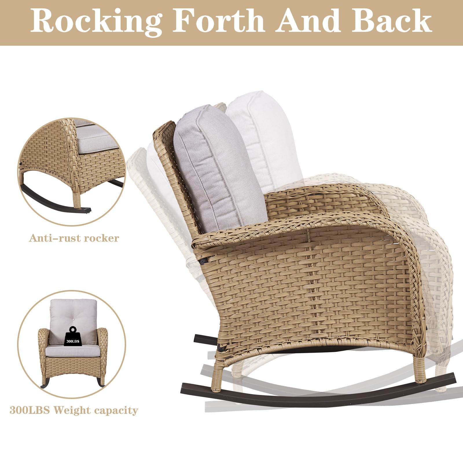 2-Piece Wicker Rocking Chair Set for Porch & Patio - Outdoor Rocking Chairs with Cushions & Side Table - Perfect for Relaxing on Your Deck, Garden or Backyard