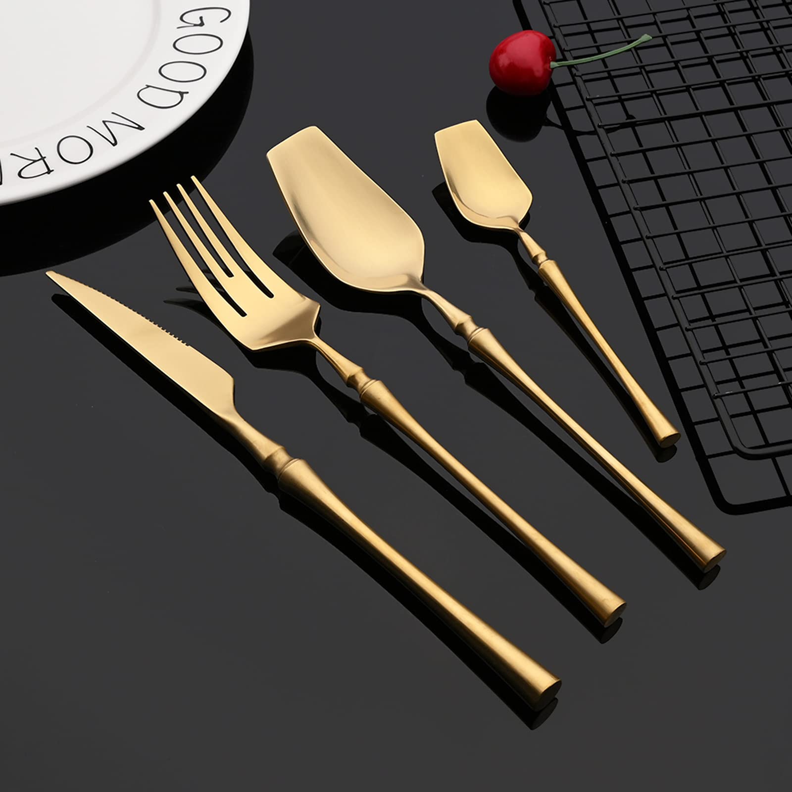 Premium 24-Piece Square Head Flatware Set - 304 Stainless Steel Silverware Service for 6 (Spoons, Knives, Forks) - Luxury Matte Finish, Dishwasher Safe - Gold - Perfect for Dinner Parties, Wedding Gifts & Upscale Dining