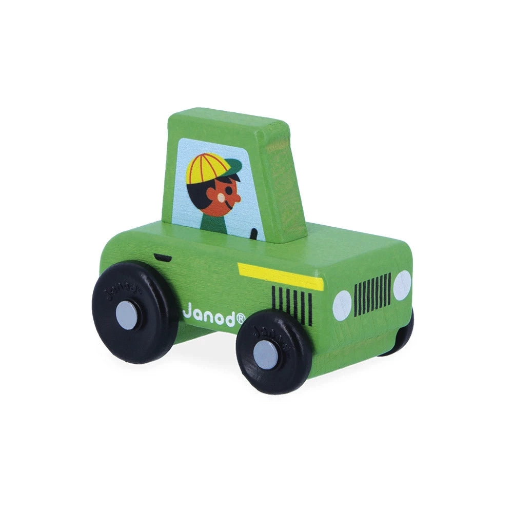 Janod Cross Roads Green Tractor Toy - Wooden Farm Vehicle for Kids Ages 3+ | Pretend Play, Early Learning & Montessori Activities | Perfect for Farm-Themed Playrooms & Outdoor Adventures