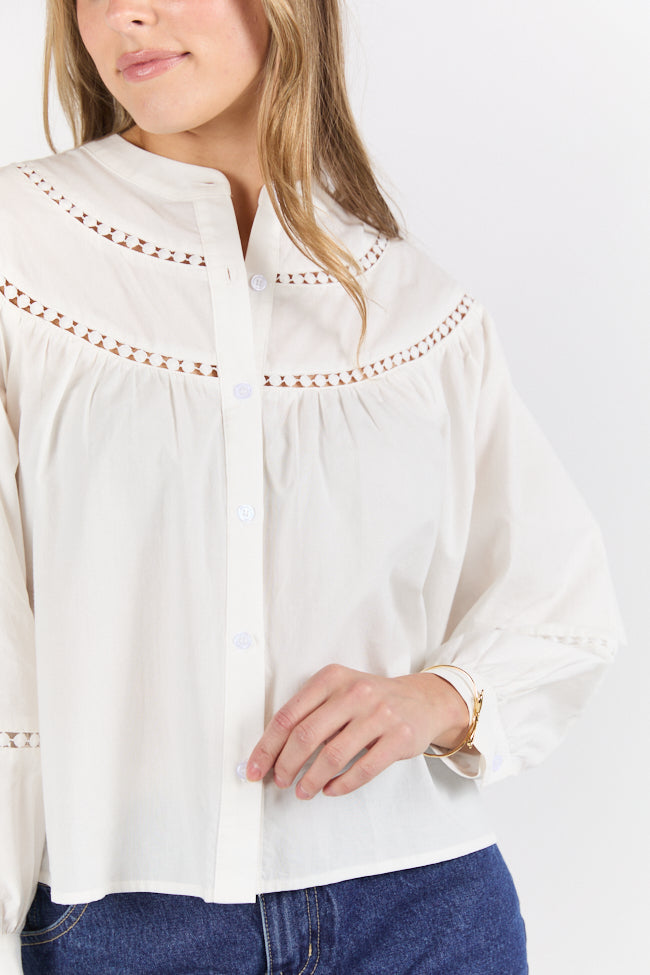 Elegant Ivory Ladder Detail Long Sleeve Woven Blouse for Women - Perfect for Office Wear, Date Nights & Special Occasions