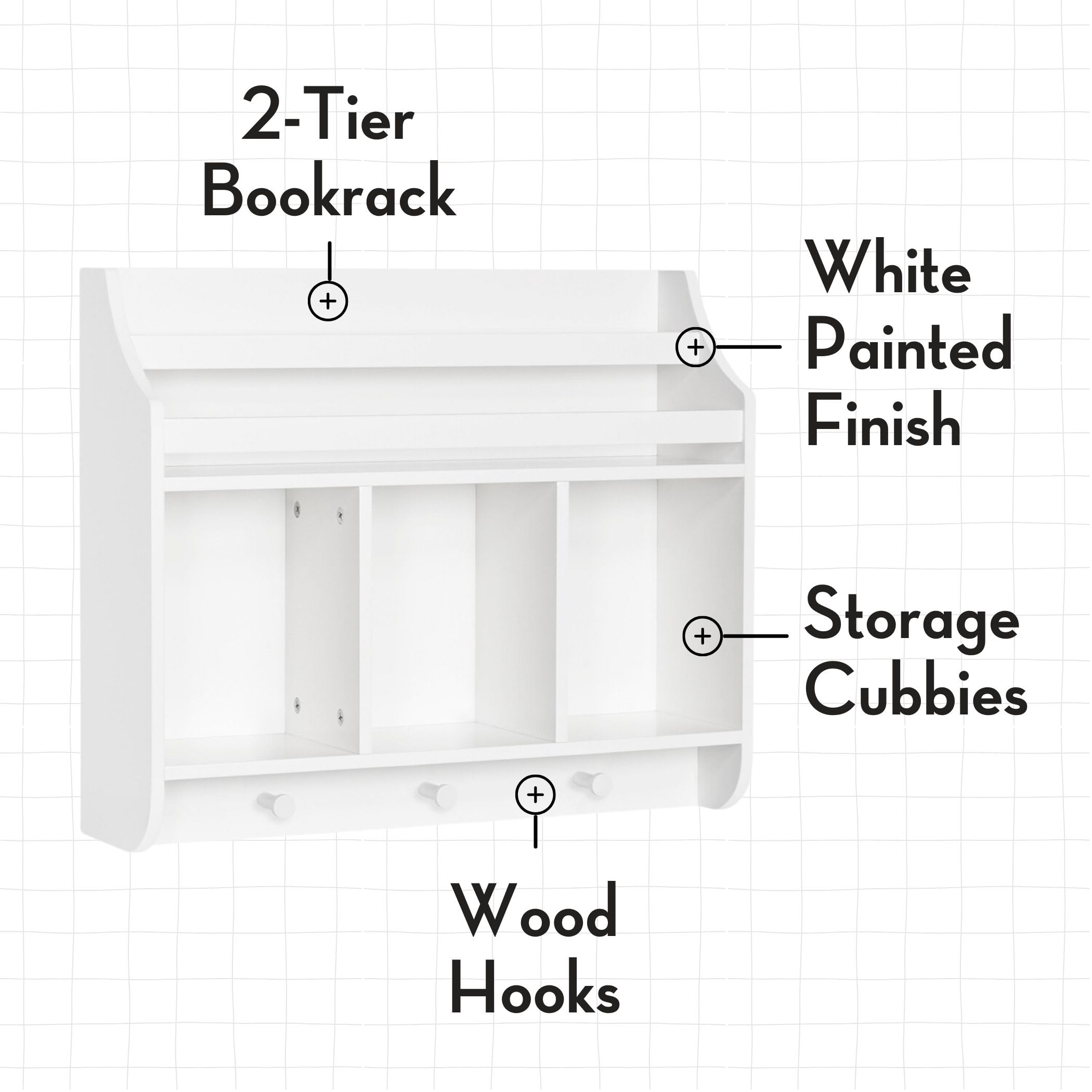 RiverRidge Kids Bookshelf with 3 Cubbies & Hooks - Sturdy Wall-Mounted Book Storage Organizer for Children's Bedroom, Nursery, or Playroom - Perfect for Books, Toys, Games, and Decor Display