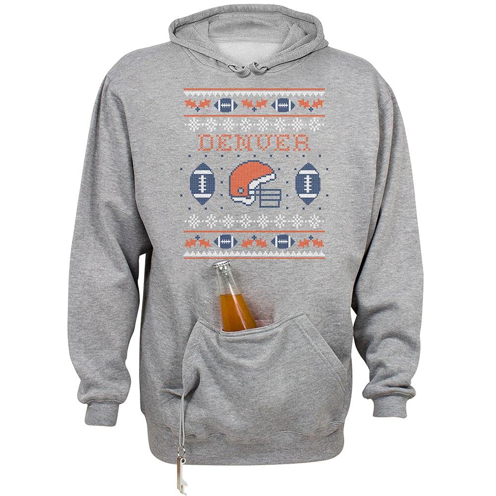 Denver Sports Ugly Christmas Sweater with Beer Holder - Unisex Tailgate Hoodie & Sweatshirt for Holiday Parties, Christmas Gifts & Football Game Days