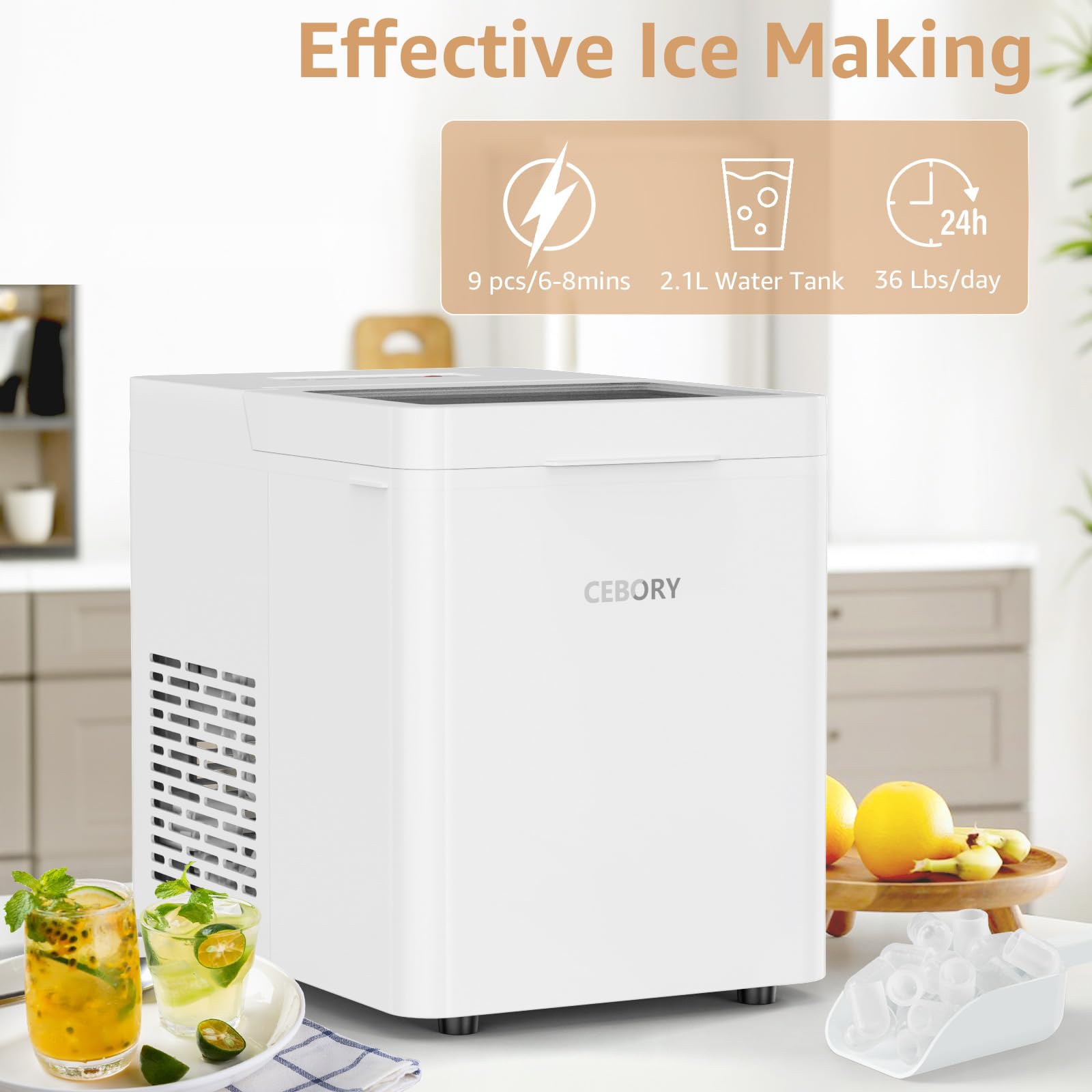 Portable Countertop Ice Maker Machine - 9 Ice Cubes in 6 Minutes, 36Lbs Daily Output, Self-Cleaning with 2 Ice Scoops & Basket - Bullet Ice Maker for Home, Kitchen, Office, Bar, RV & Outdoor Parties