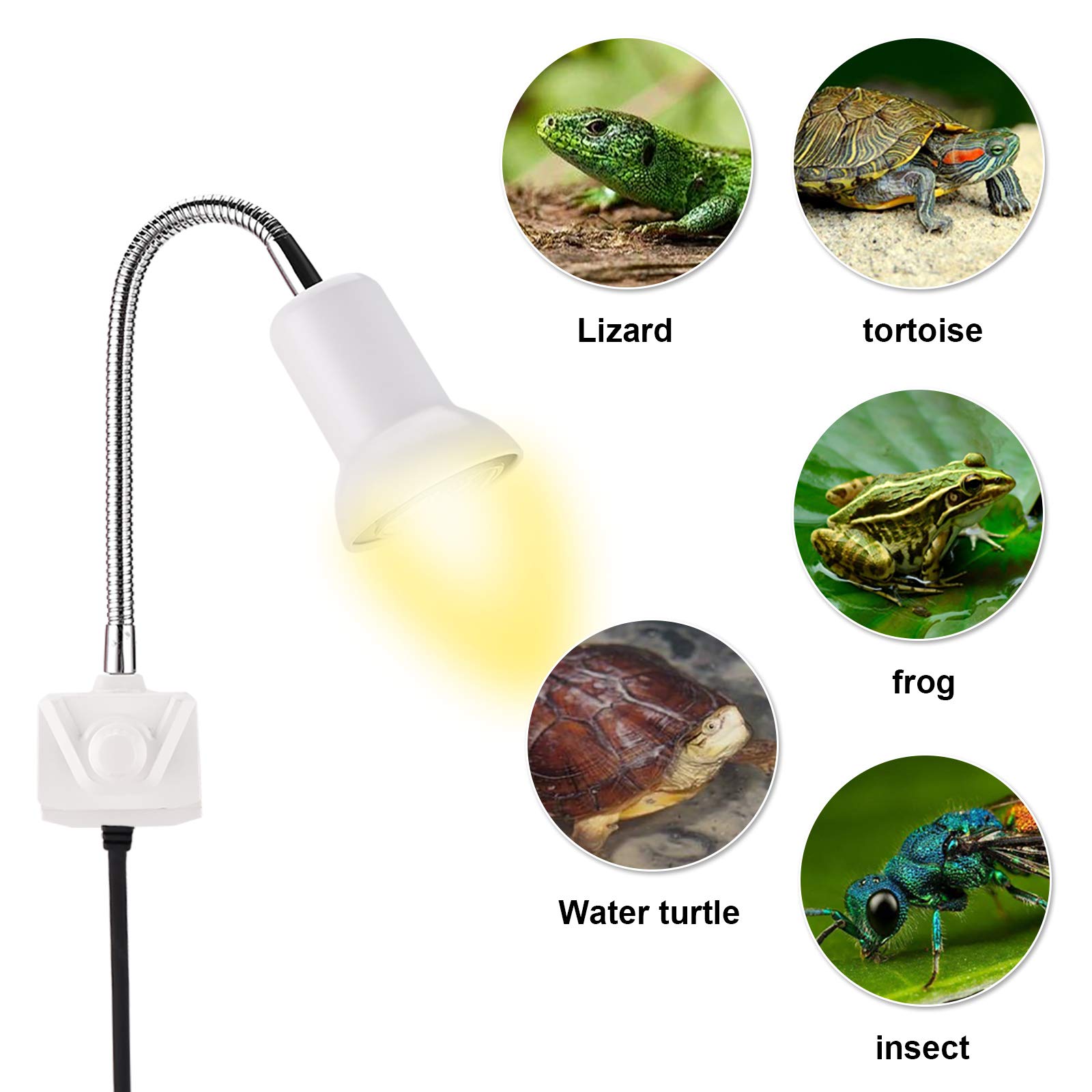 25W Reptile Heat Lamp with UVA UVB - Basking Spot Lamp for Turtles, Lizards & Reptiles - 360° Rotatable Clip with Switch & Holder - Includes 2 Bulbs (White) - Perfect for Aquariums, Terrariums & Reptile Habitats