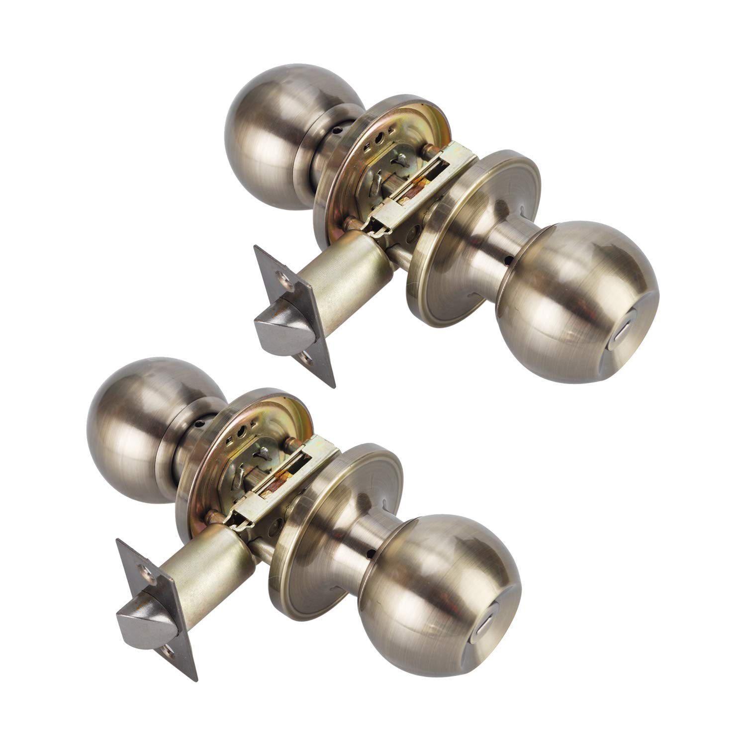 (2-Pack) Antique Brass Round Door Knob Lock - Privacy Bedroom & Bathroom Interior Door Handle (6072-AB-BK-2P) - Perfect for Home, Office, and Hotel Renovations